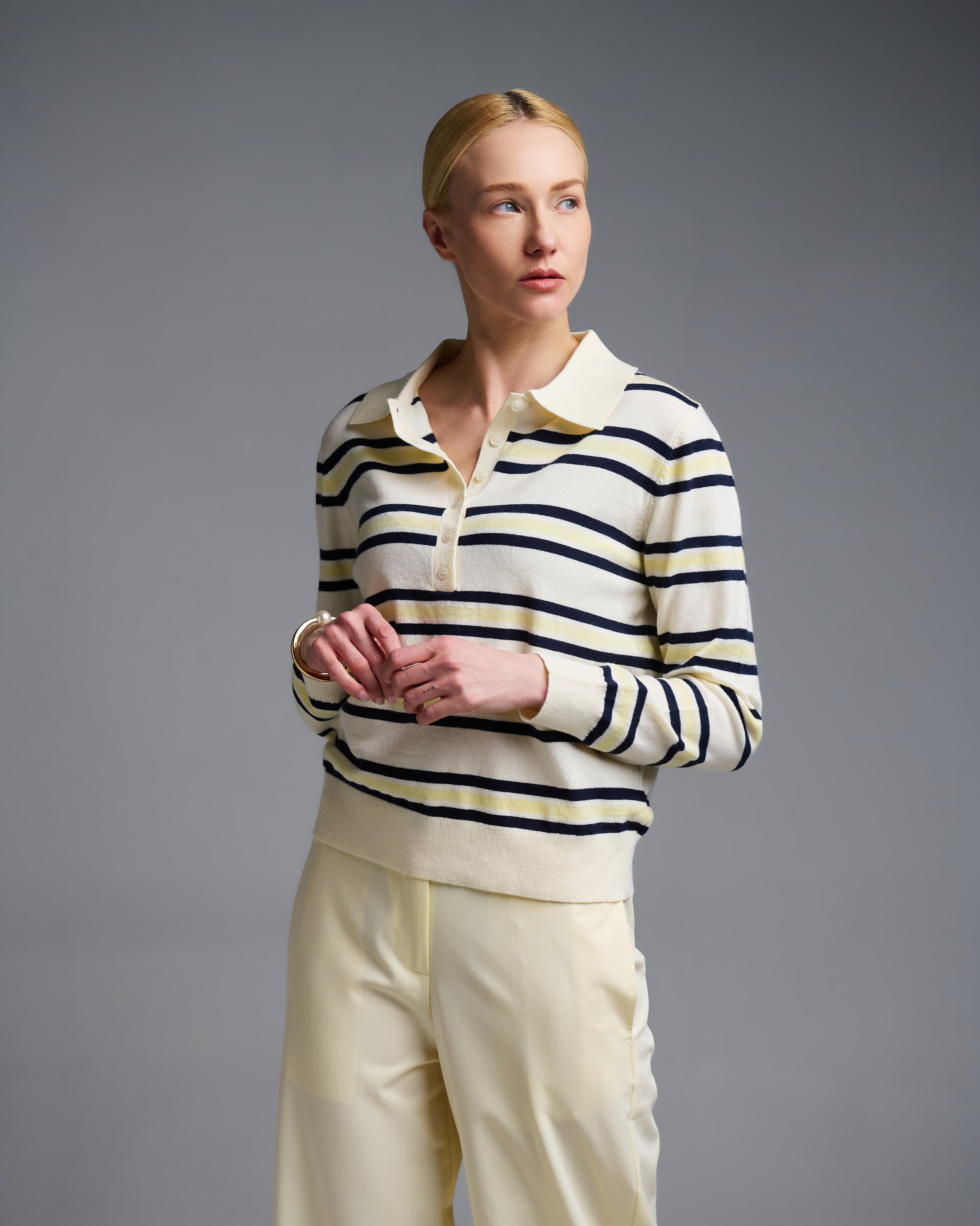 Yellow striped knitted polo Blouse Two - 0