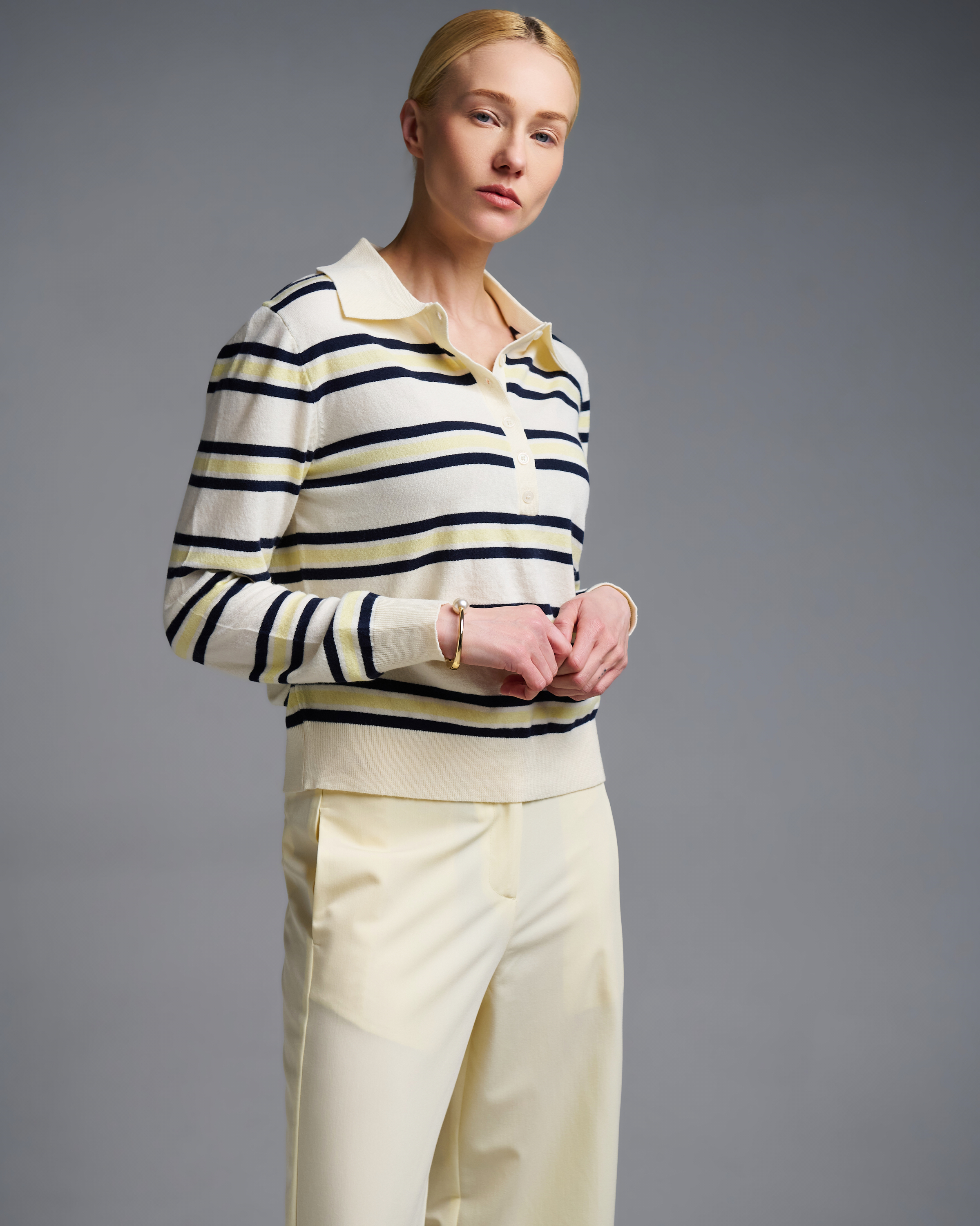 Yellow striped knitted polo Blouse Two - 1