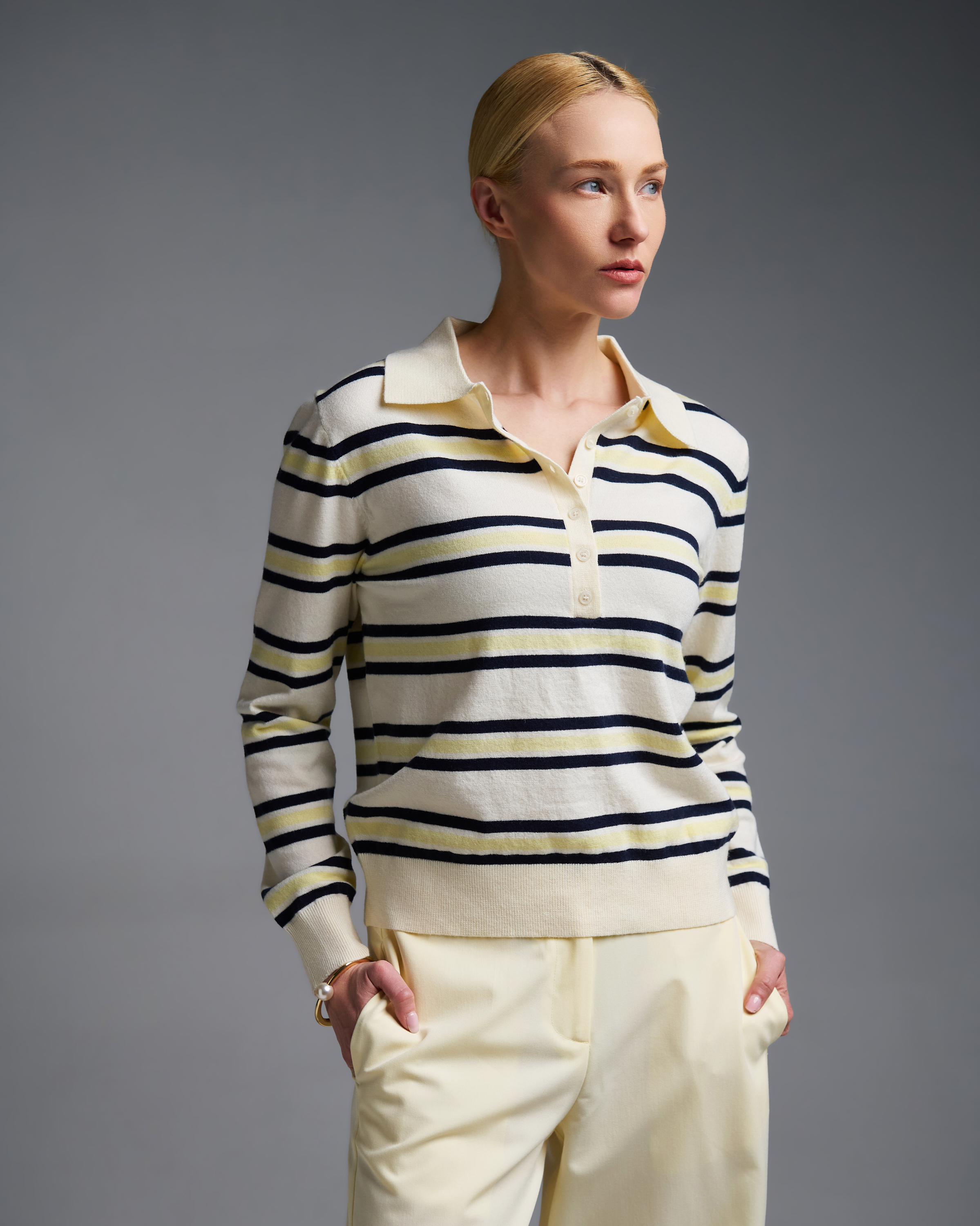 Yellow striped knitted polo Blouse Two - 2