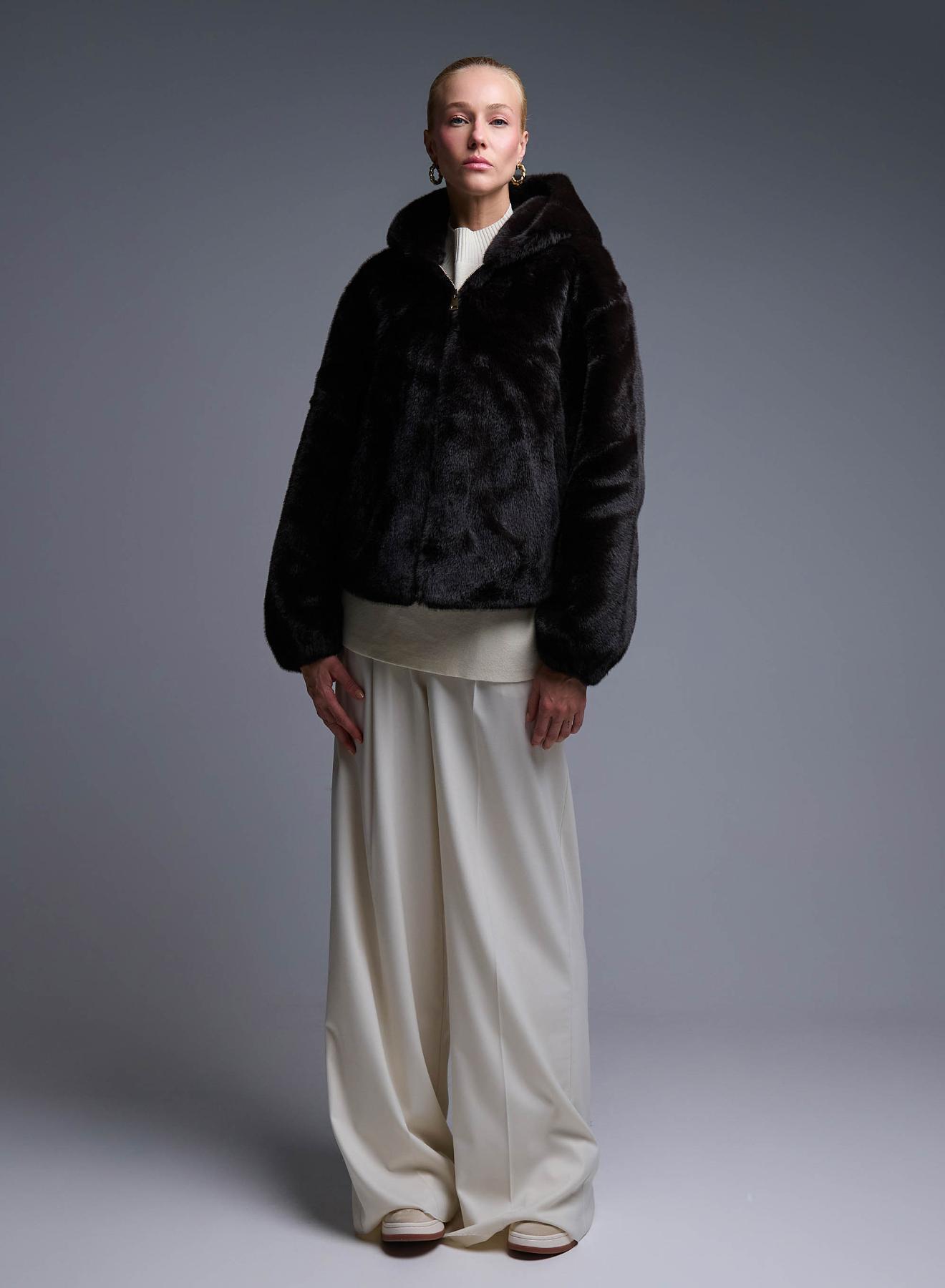 Brown hooded eco fur Jacket Bright - 1