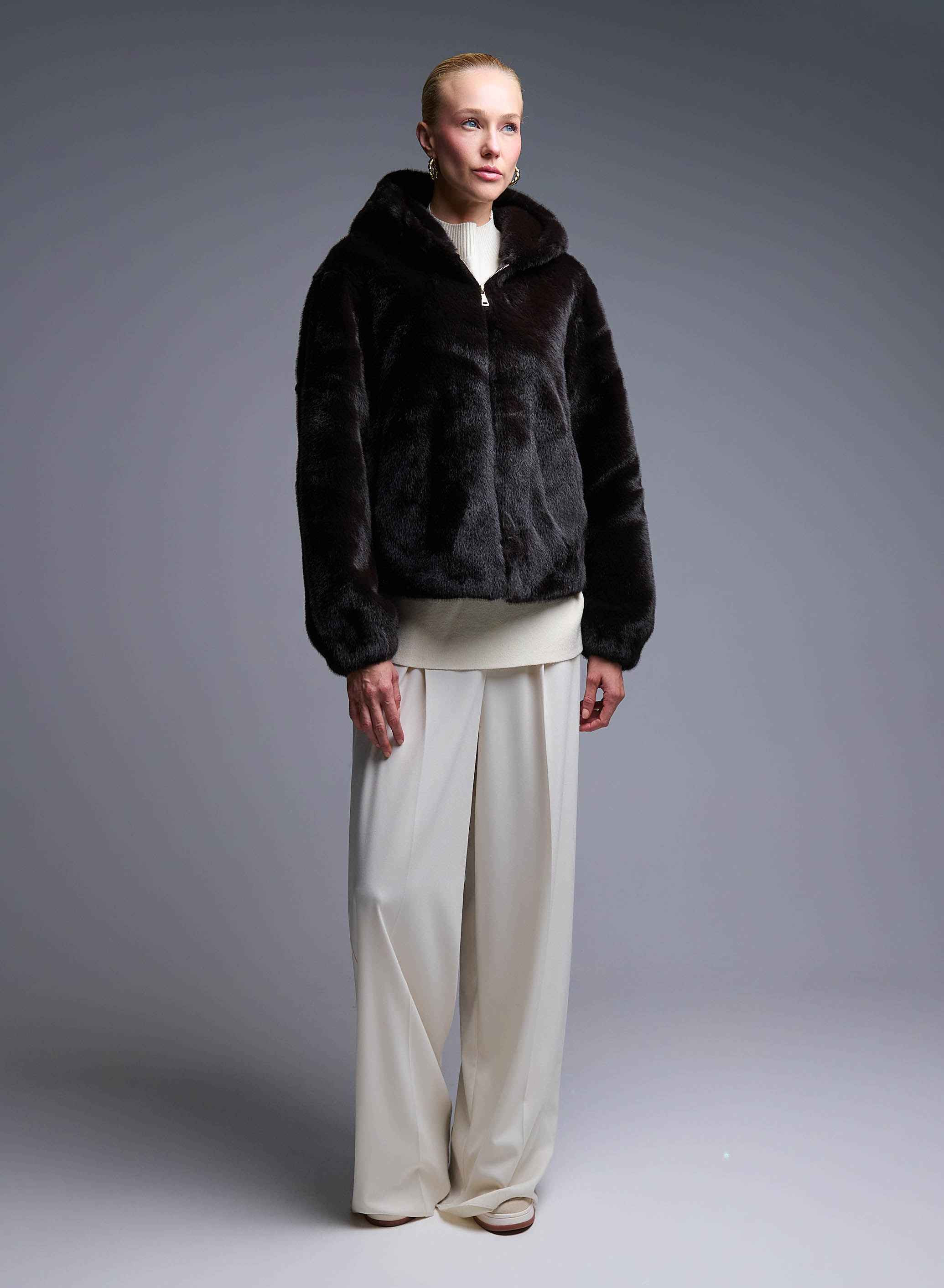 Brown hooded eco fur Jacket Bright - 1