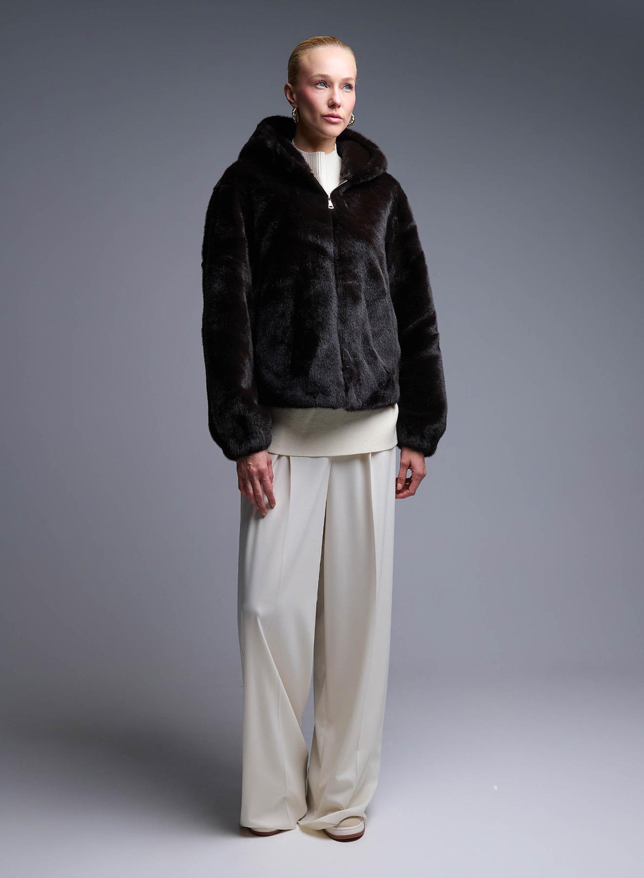 Brown hooded eco fur Jacket Bright - 2