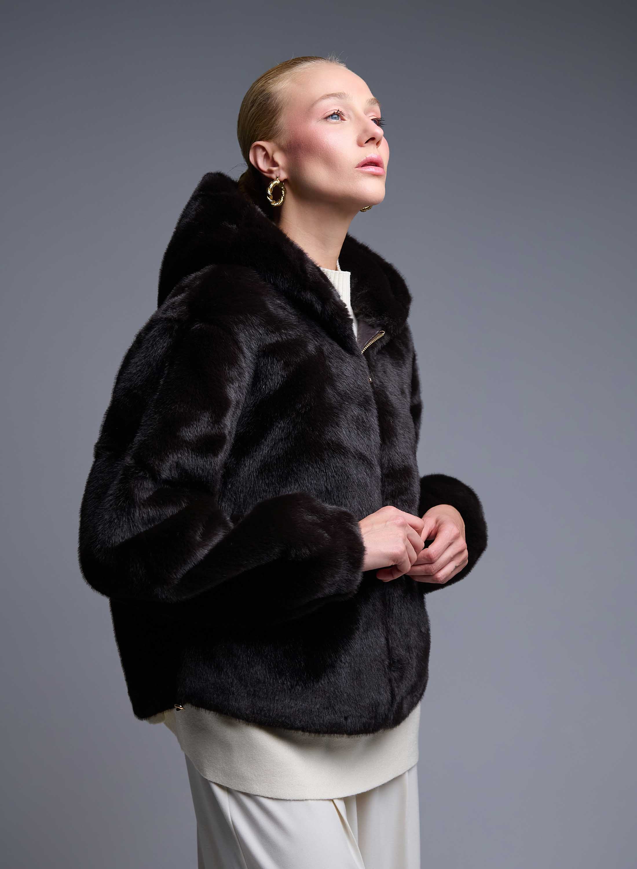 Brown hooded eco fur Jacket Bright - 3