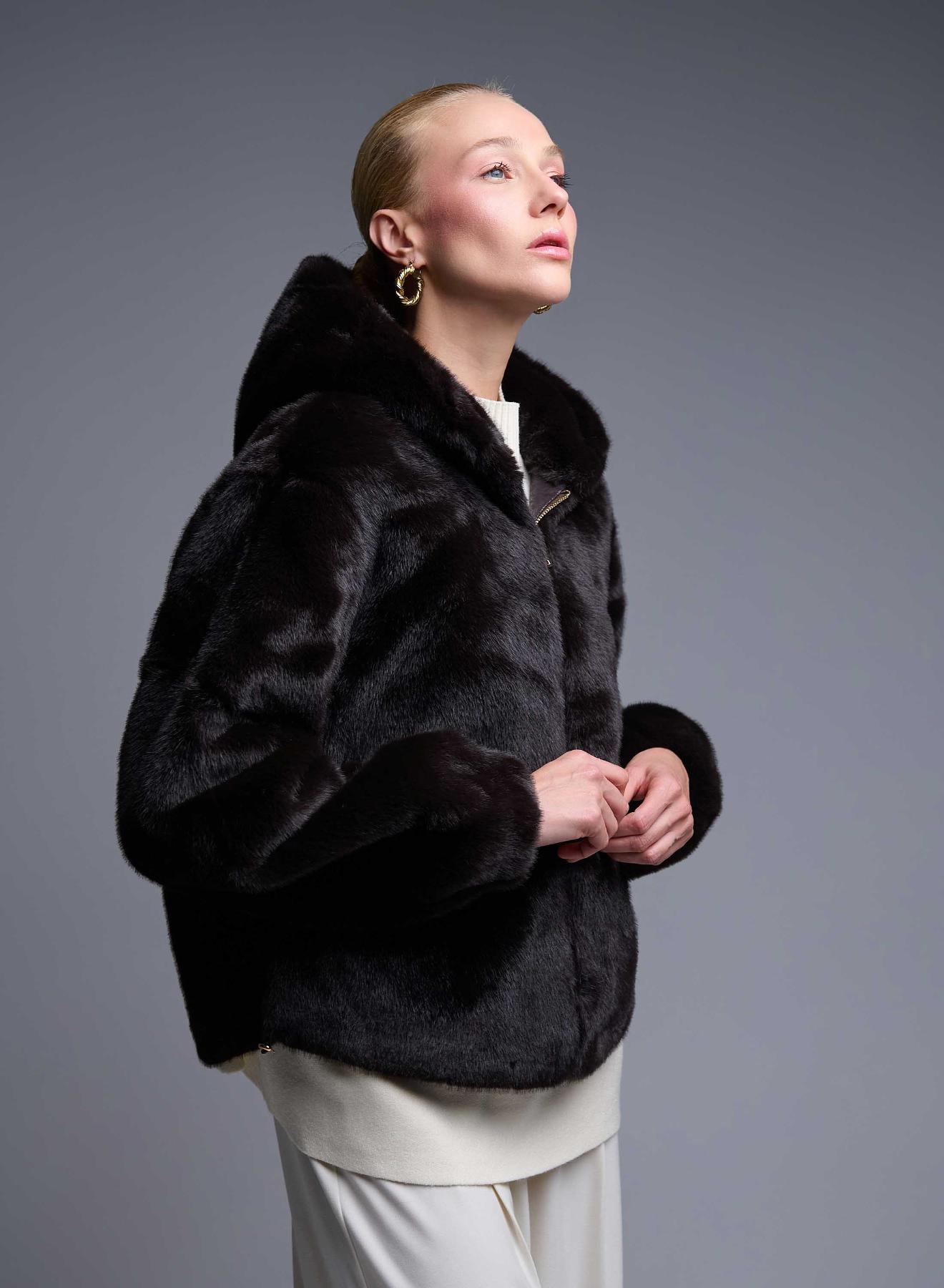 Brown hooded eco fur Jacket Bright - 4