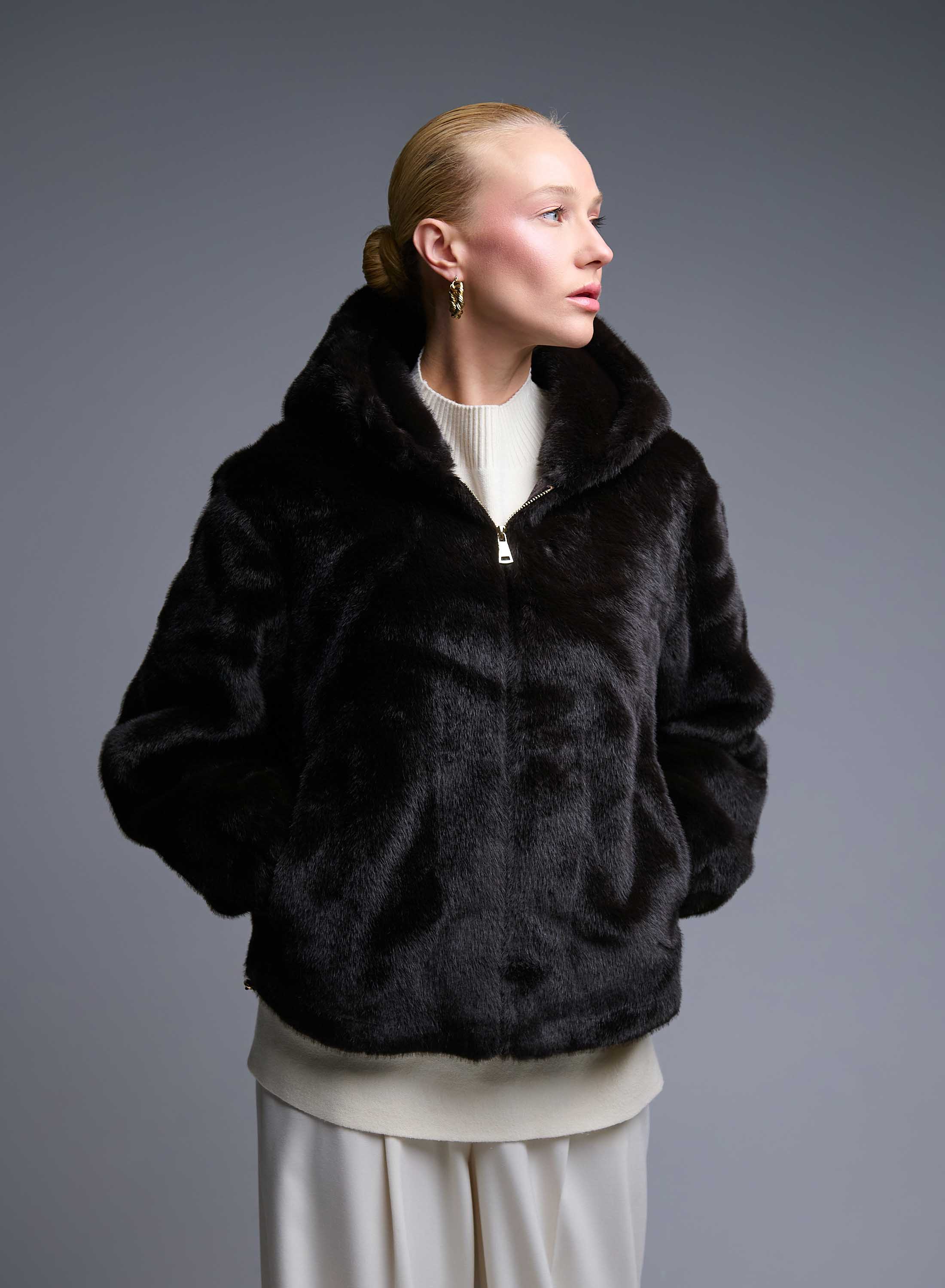 Brown hooded eco fur Jacket Bright - 4