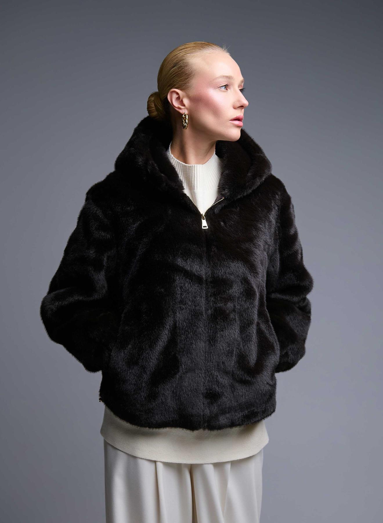 Brown hooded eco fur Jacket Bright - 5