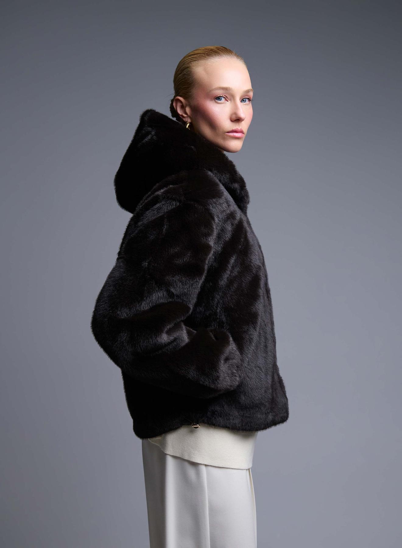 Brown hooded eco fur Jacket Bright - 3