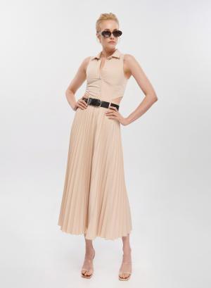 Πούδρα μακρύ αμάνικο Φόρεμα με κοψίματα στο πλάι, πλισέ φούστα, ζώνη, γιακά με κουμπιά Vicolo - 34046