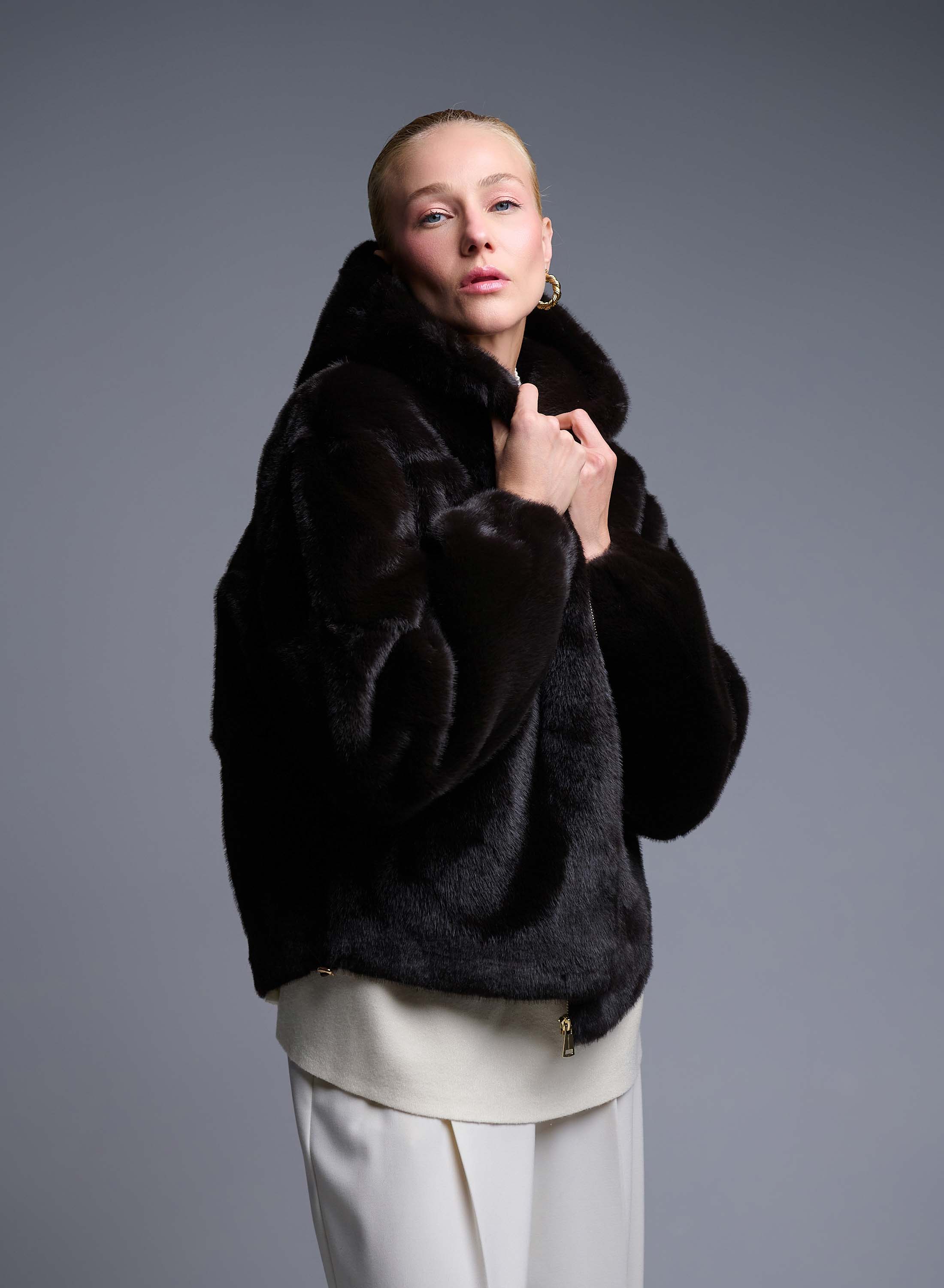 Brown hooded eco fur Jacket Bright - 5