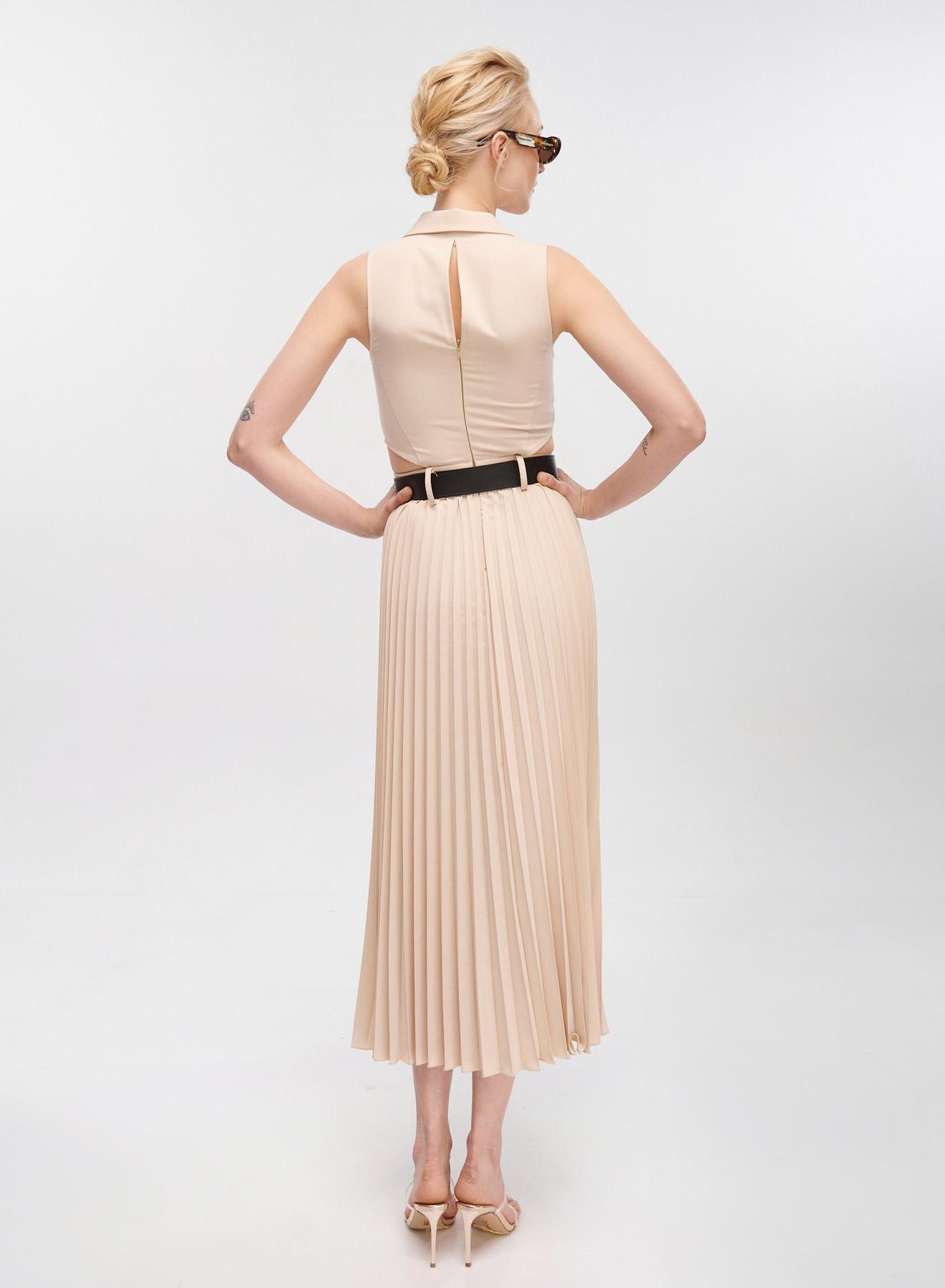 Powder long sleeveless Dress with side cuts, pleated skirt, Belt, buttons and shirt collar Vicolo - 3