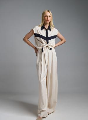 Μπεζ wide legs Παντελόνι με πιέτες και με ζώνη Vicolo - 63086