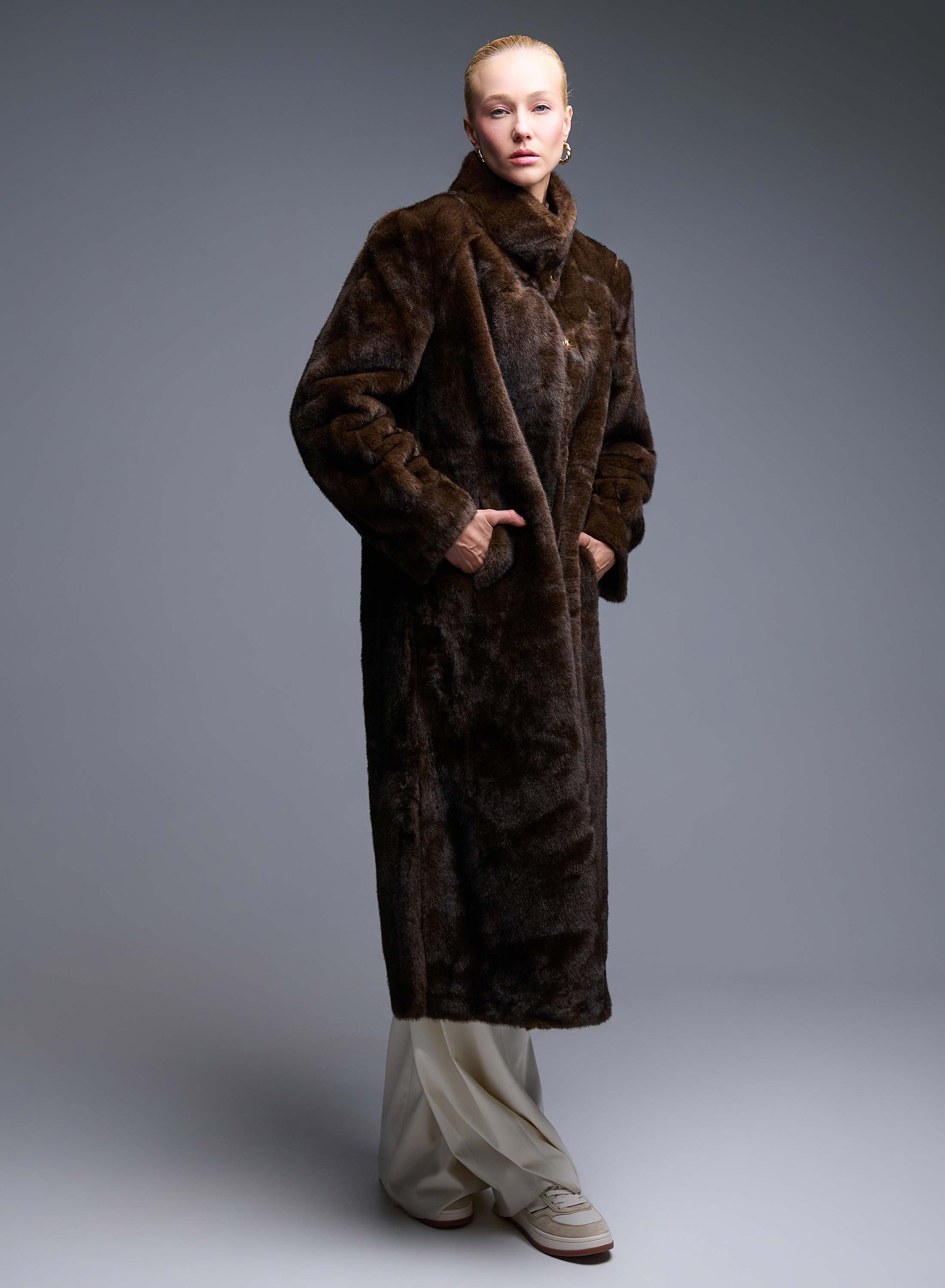 Brown eco fur long Coat Bright - 0