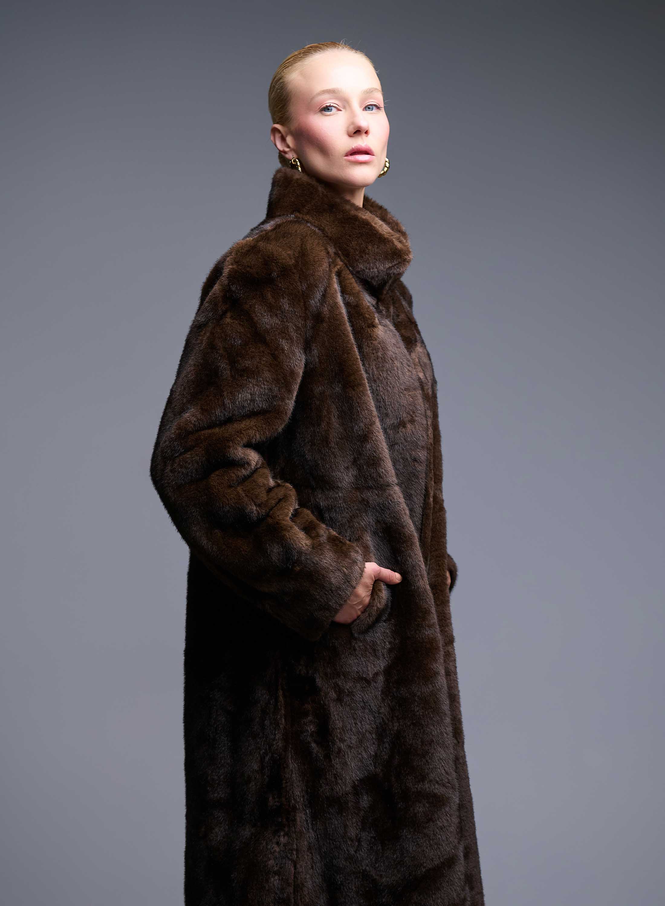 Brown eco fur long Coat Bright - 2