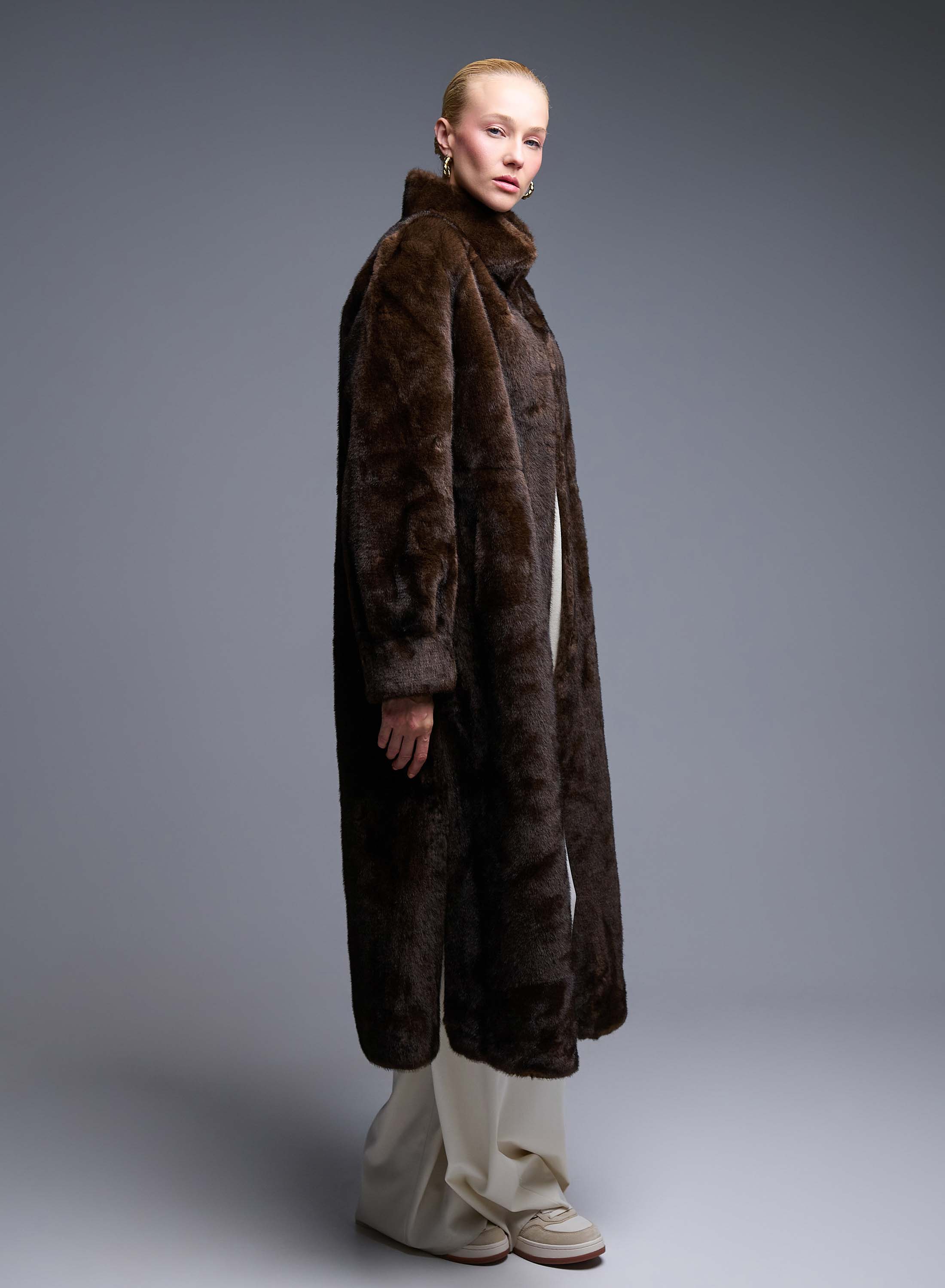 Brown eco fur long Coat Bright - 3