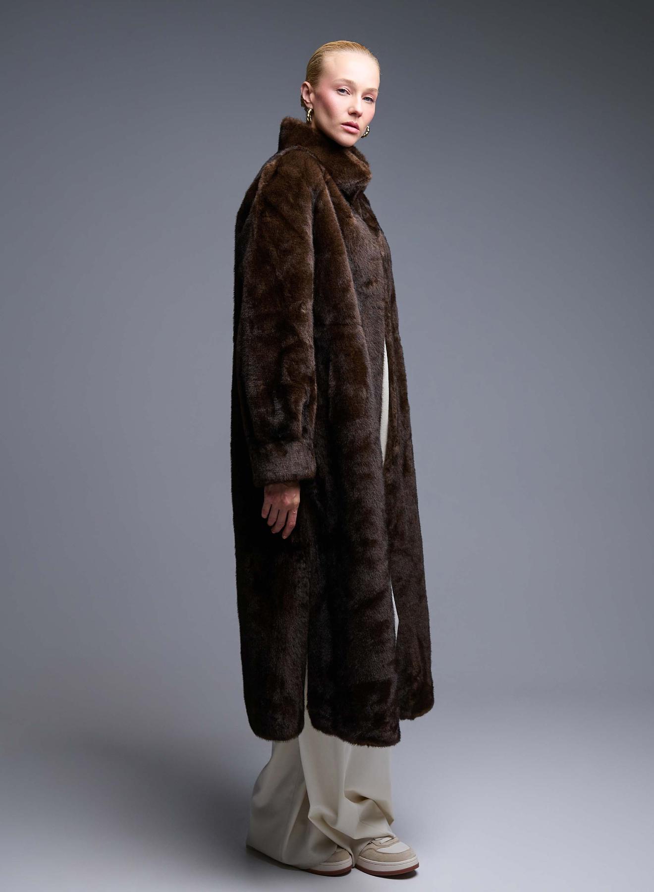 Brown eco fur long Coat Bright - 4