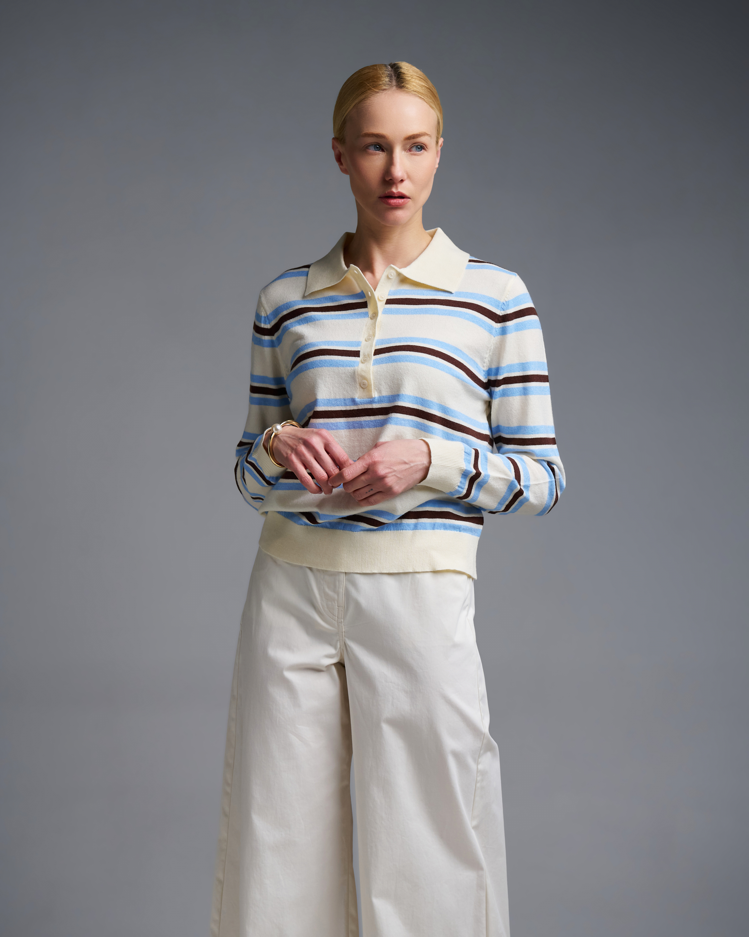 Ecru-Light Blue striped knitted polo Blouse Two - 0