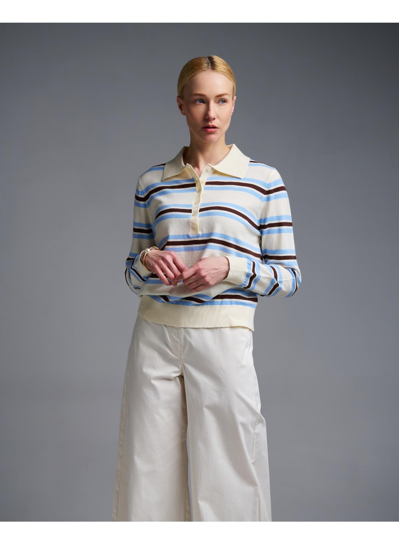 Ecru-Light Blue striped knitted polo Blouse Two - 1