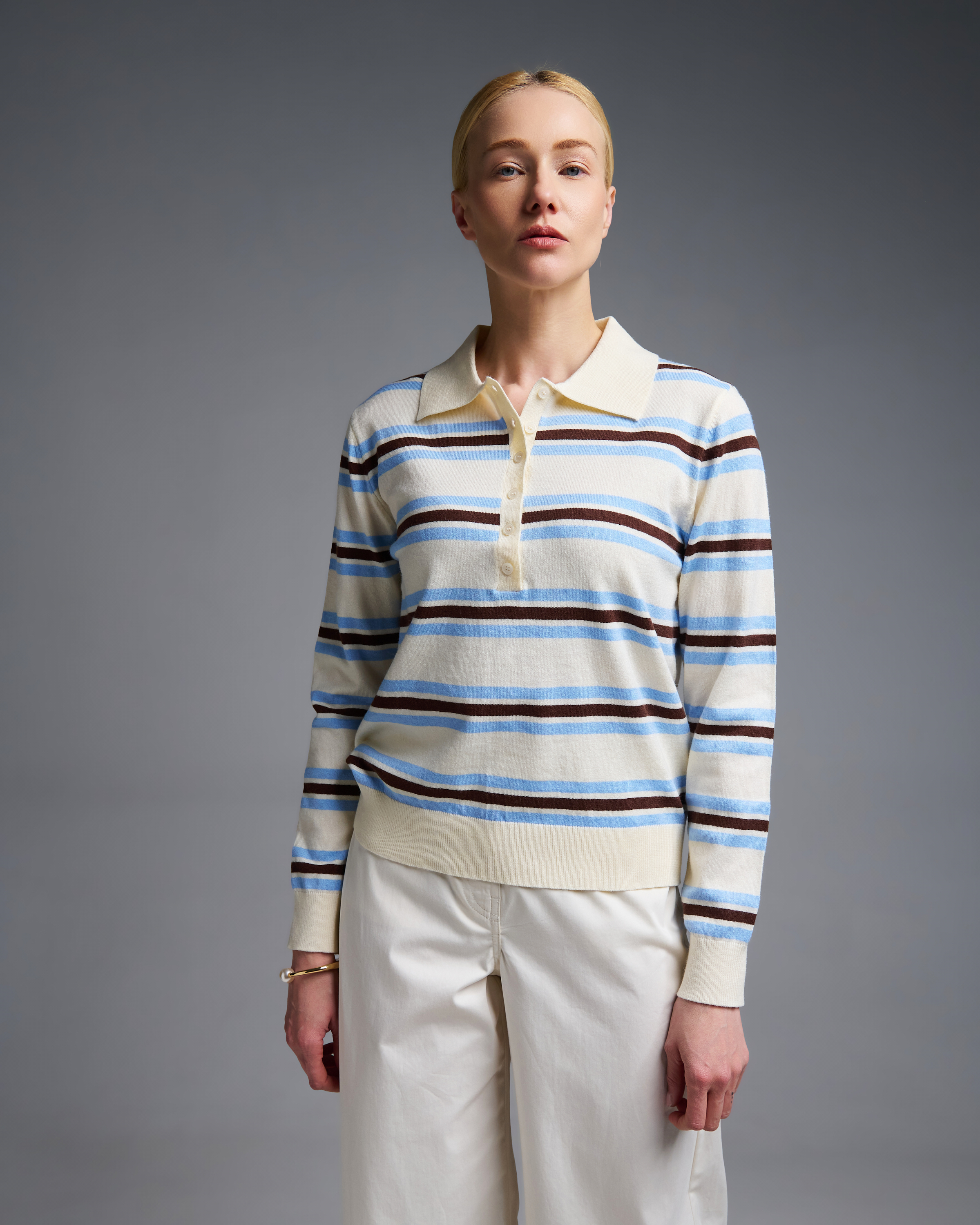 Ecru-Light Blue striped knitted polo Blouse Two - 3