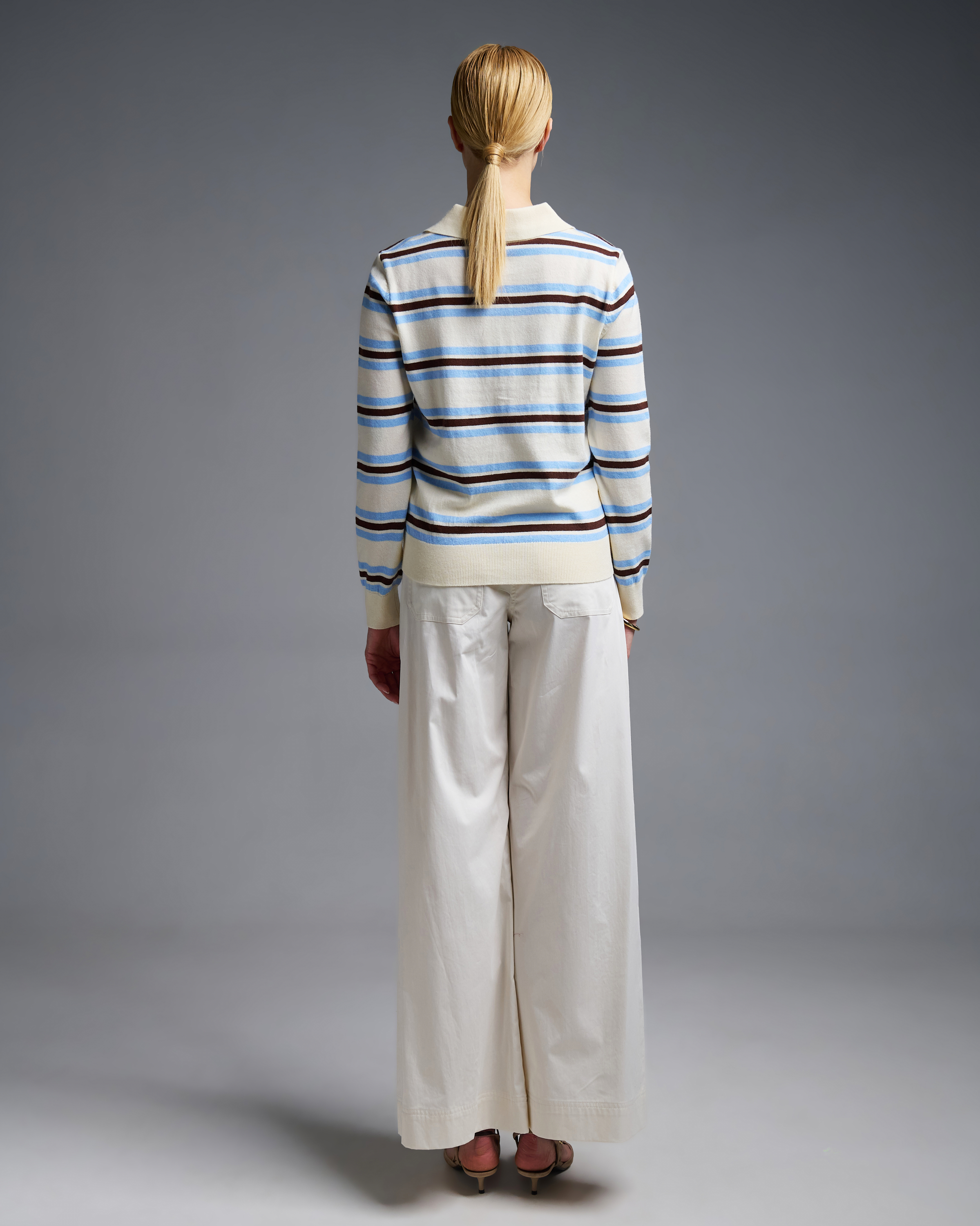Ecru-Light Blue striped knitted polo Blouse Two - 4