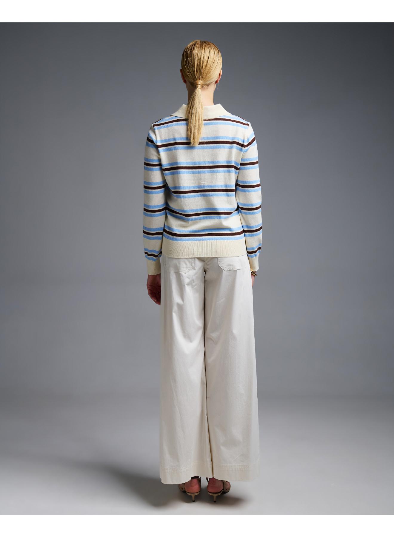 Ecru-Light Blue striped knitted polo Blouse Two - 5