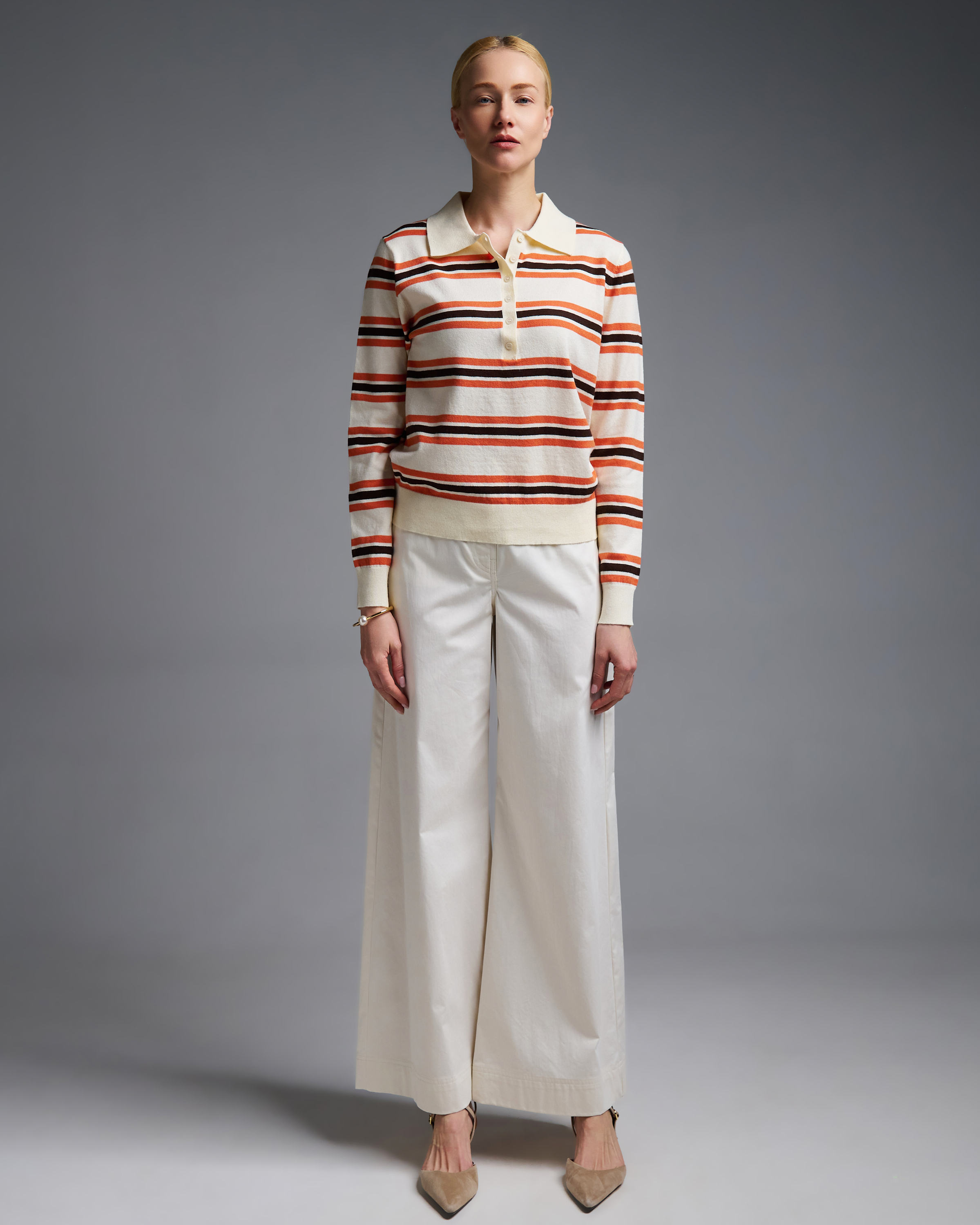 Ecru-Orange striped knitted polo Blouse Two - 2