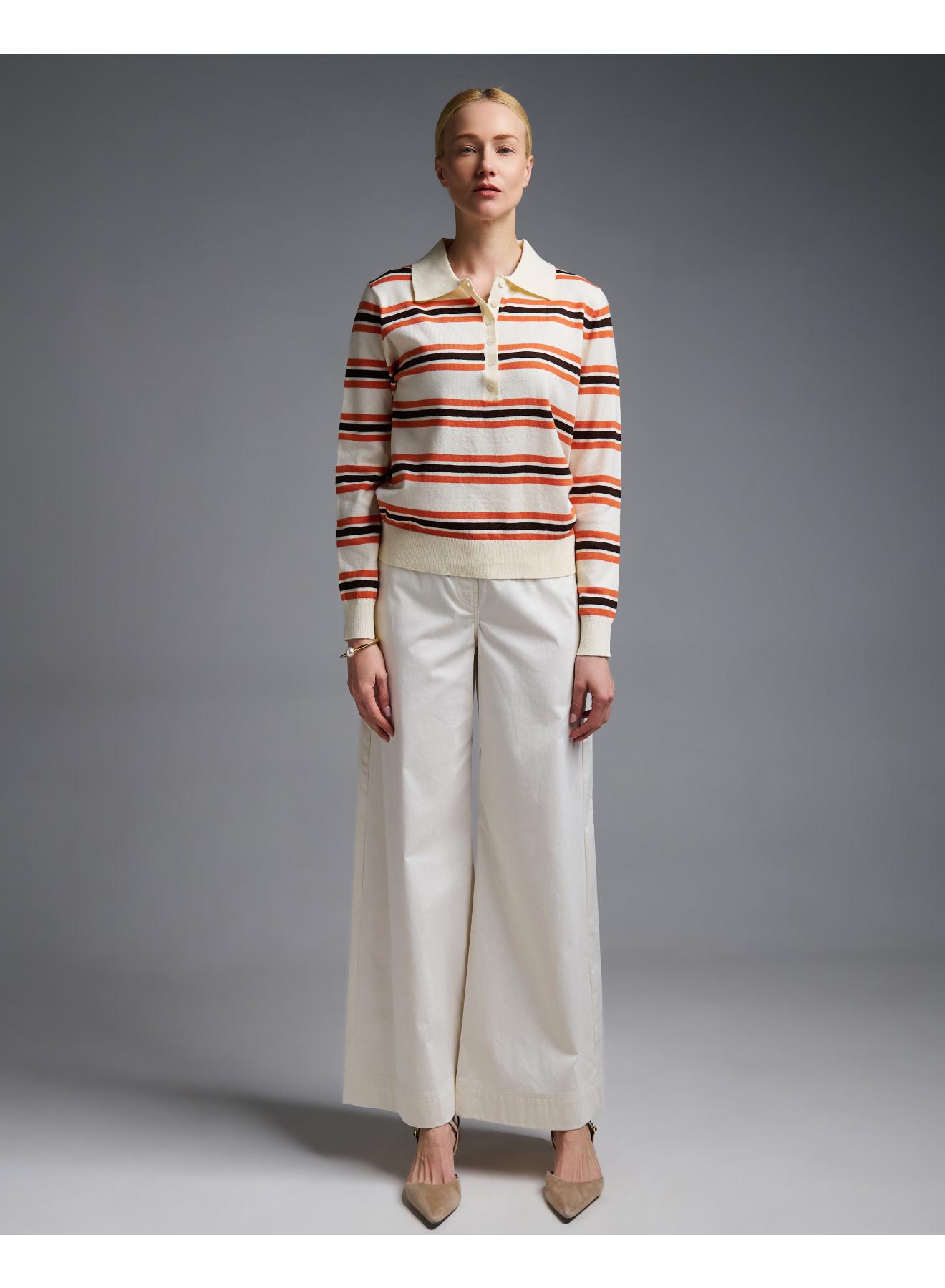 Ecru-Orange striped knitted polo Blouse Two - 3