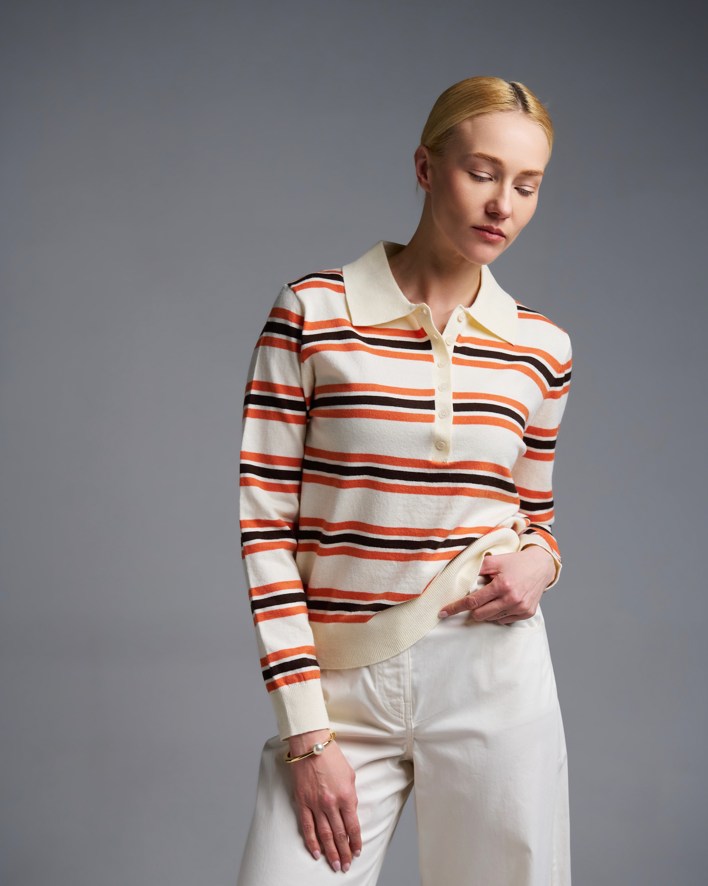 Ecru-Orange striped knitted polo Blouse Two - 1