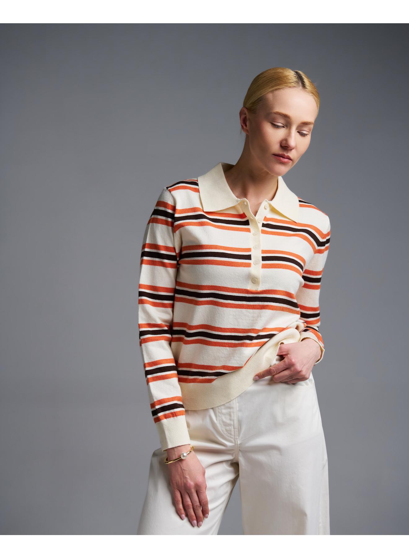 Ecru-Orange striped knitted polo Blouse Two - 2