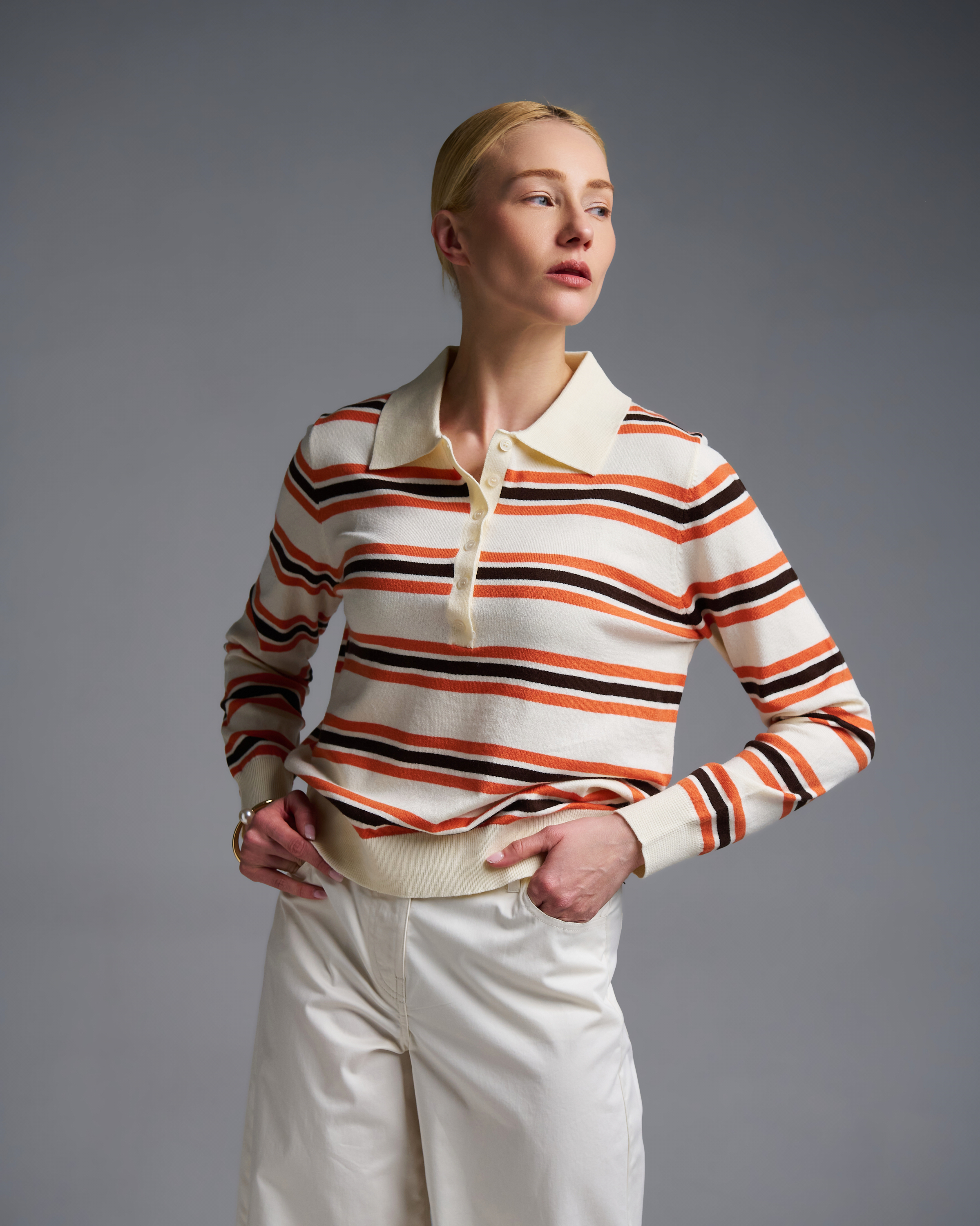 Ecru-Orange striped knitted polo Blouse Two - 0