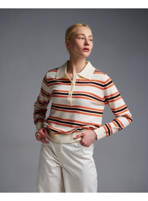 Ecru-Orange striped knitted polo Blouse Two - 56402