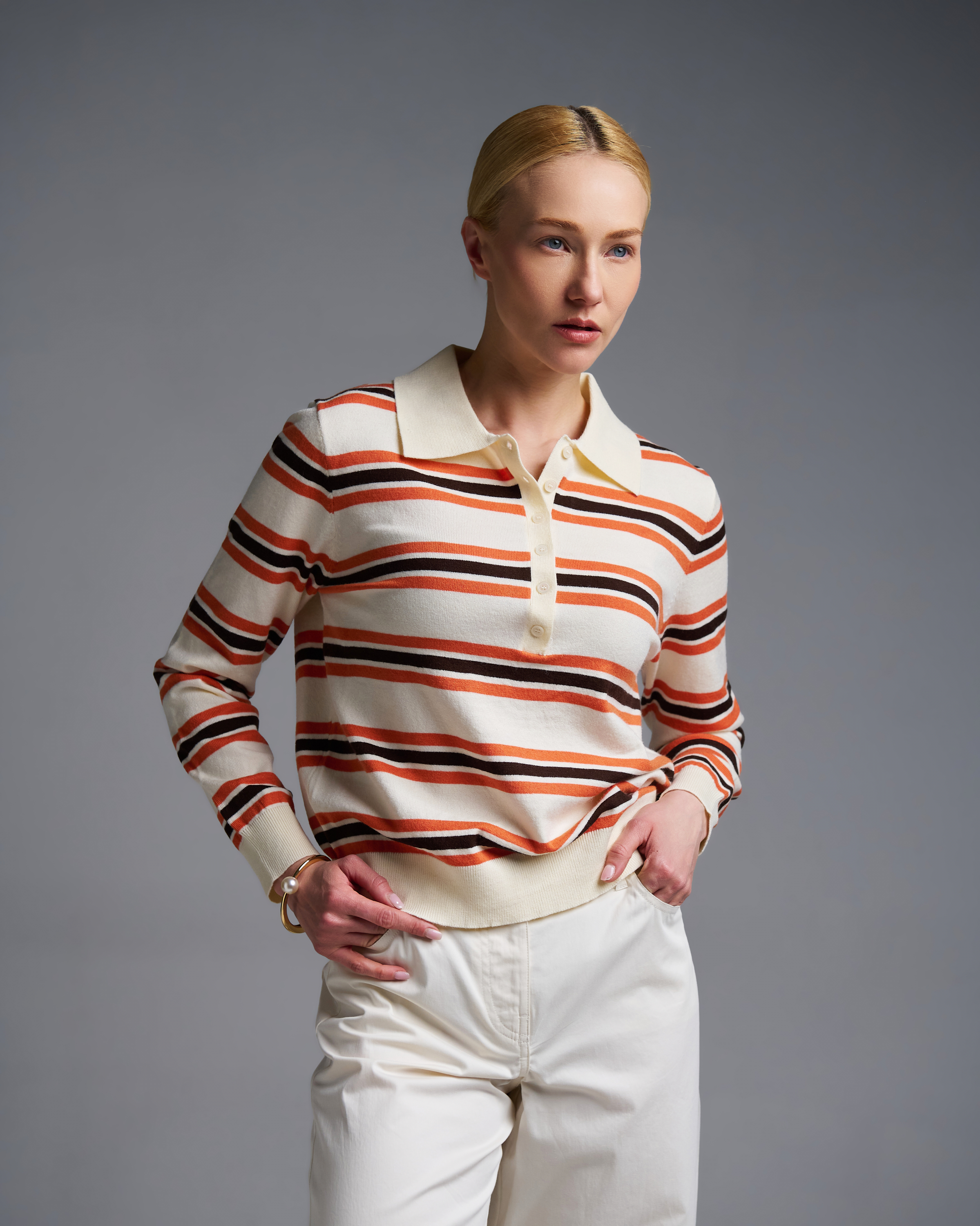 Ecru-Orange striped knitted polo Blouse Two - 3