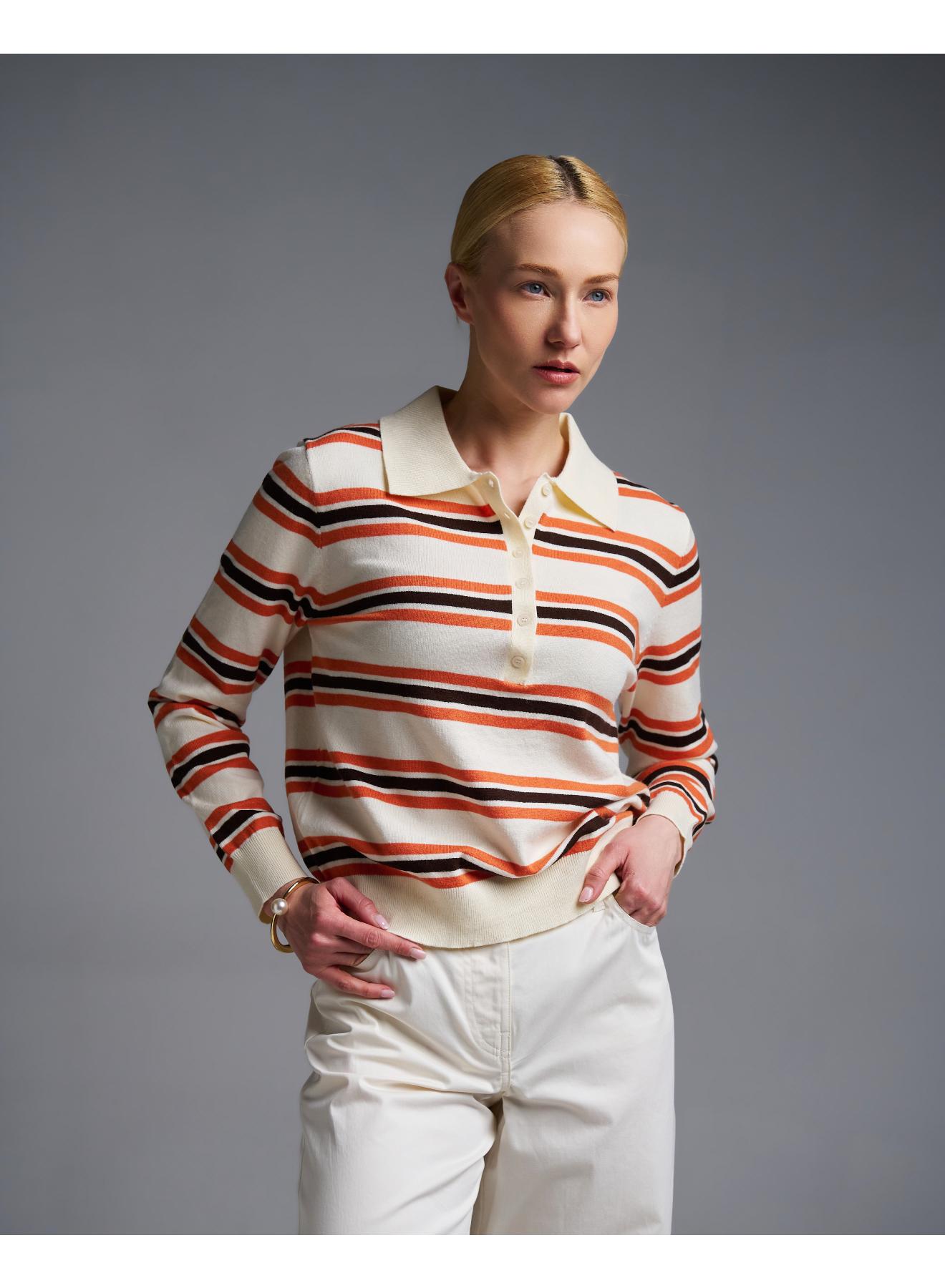 Ecru-Orange striped knitted polo Blouse Two - 4