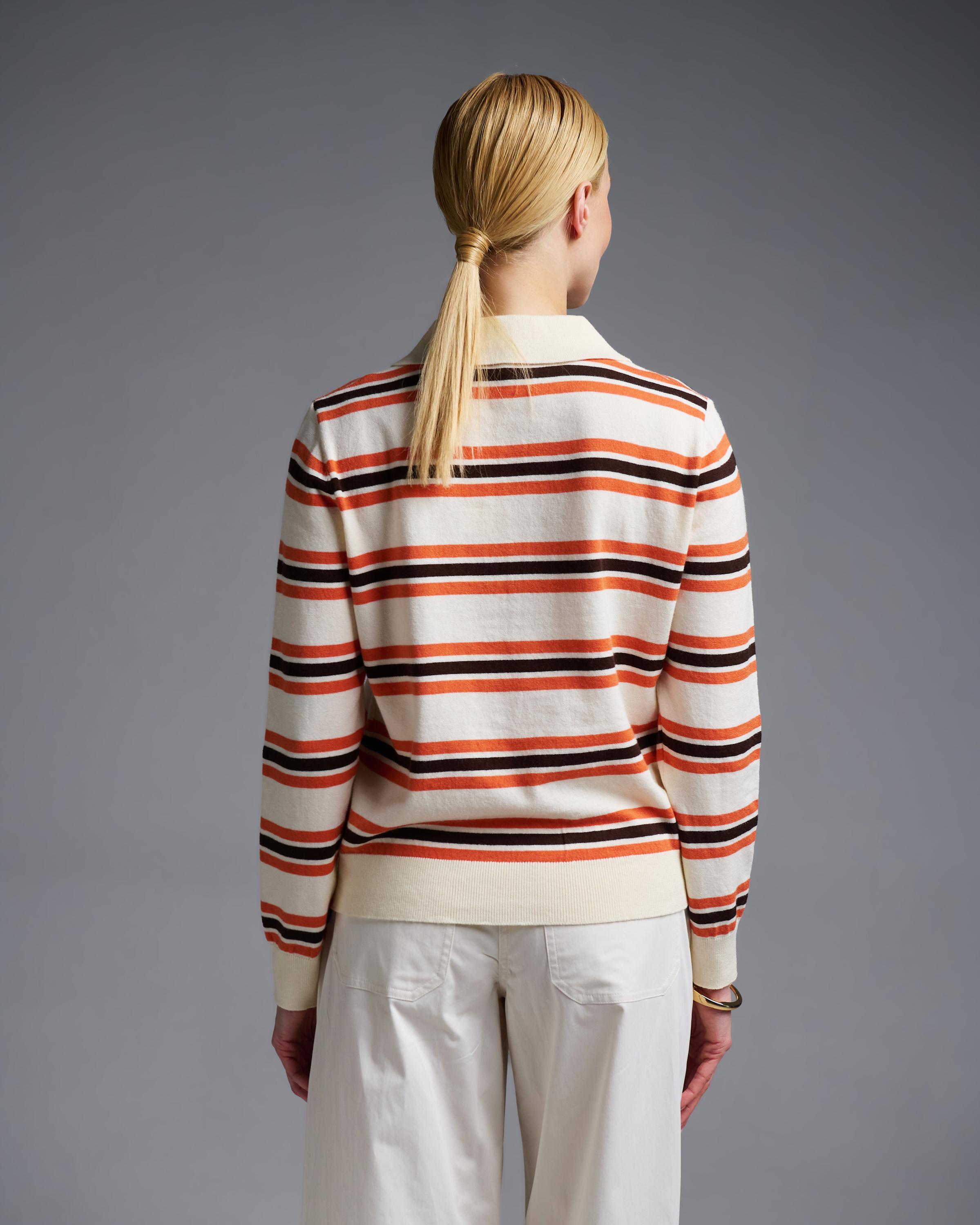 Ecru-Orange striped knitted polo Blouse Two - 4