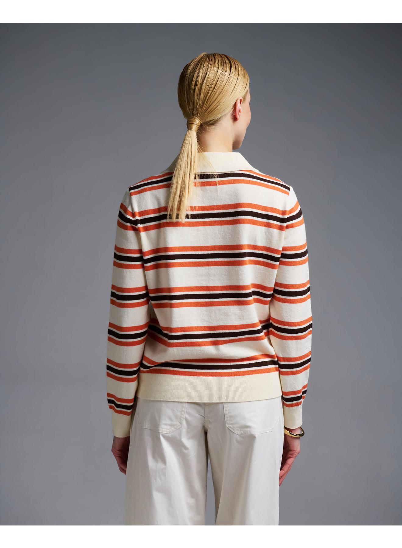 Ecru-Orange striped knitted polo Blouse Two - 5