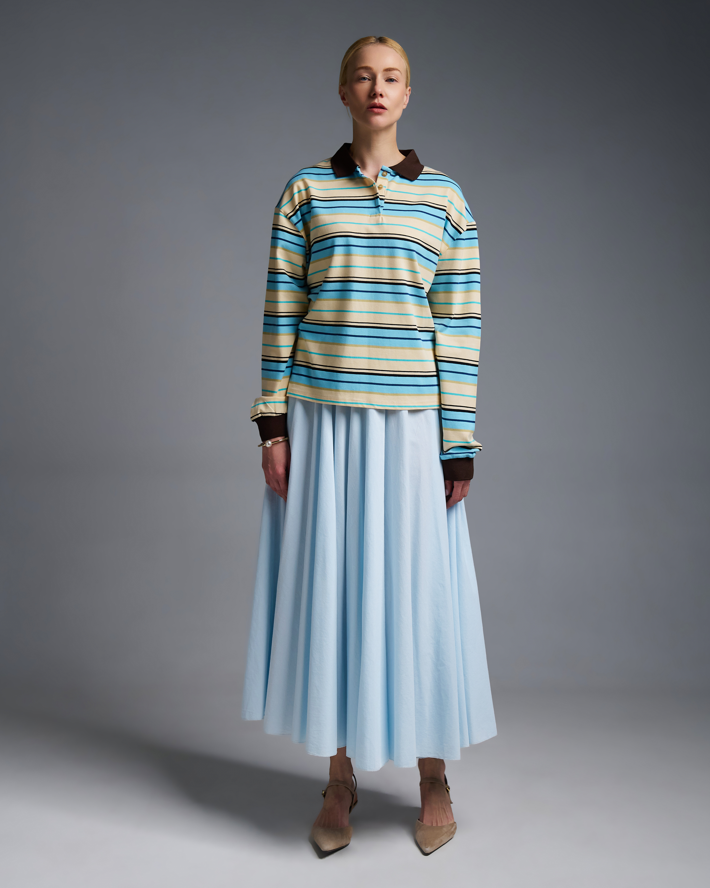 Ecru-Light Blue striped polo Blouse Two - 2