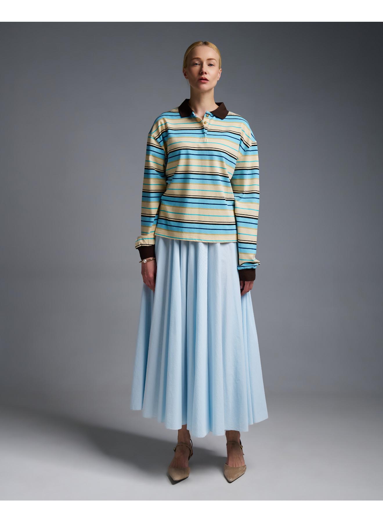 Ecru-Light Blue striped polo Blouse Two - 3