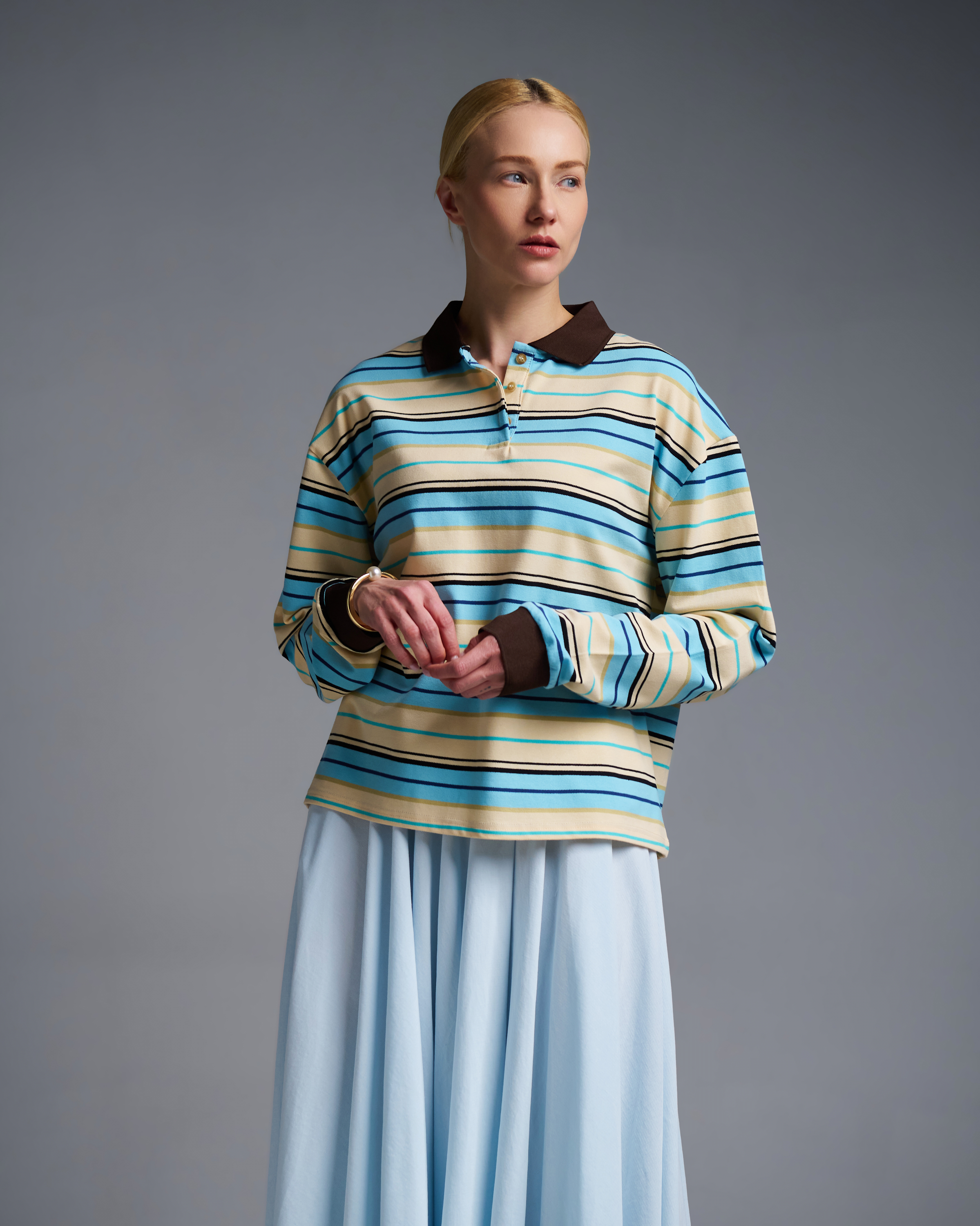 Ecru-Light Blue striped polo Blouse Two - 0