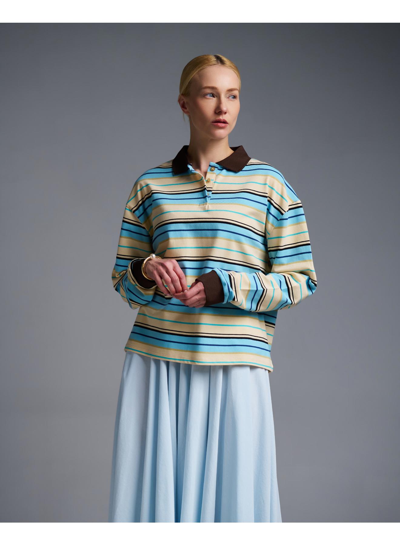 Ecru-Light Blue striped polo Blouse Two - 1
