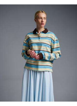 Ecru-Light Blue striped polo Blouse Two - 56415