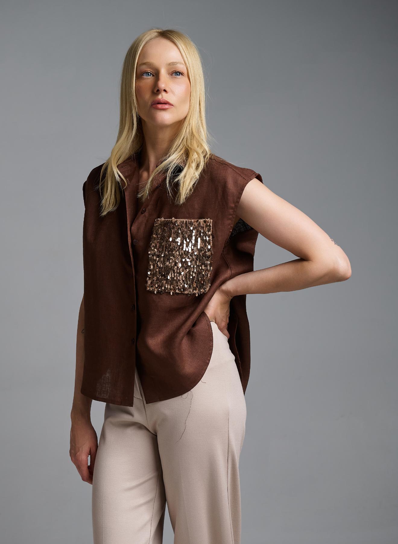 Chocolate sleeveless linen Shirt with sequins Tensione In - 1