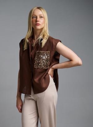 Chocolate sleeveless linen Shirt with sequins Tensione In - 63115