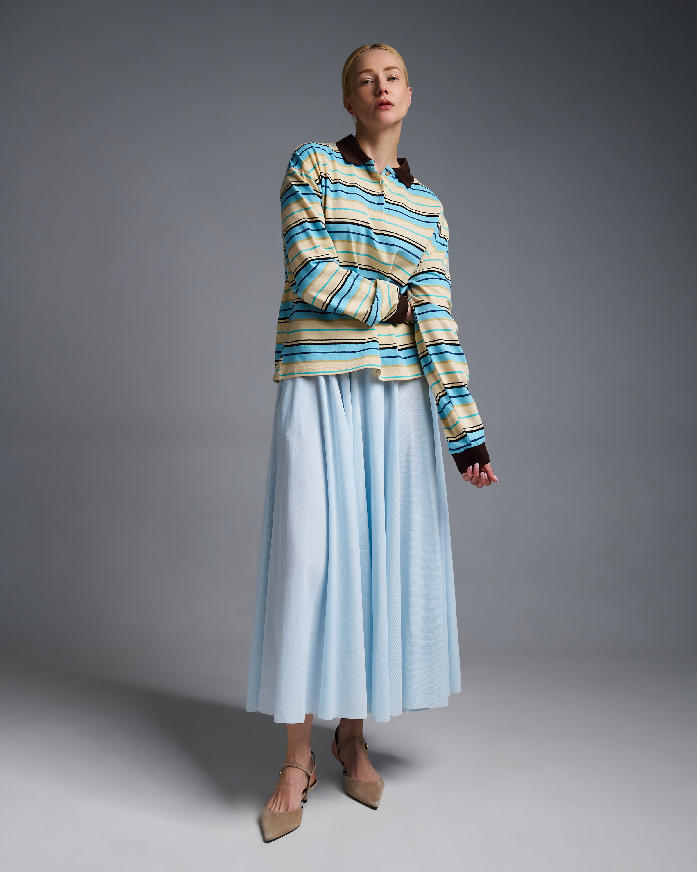 Ecru-Light Blue striped polo Blouse Two - 3