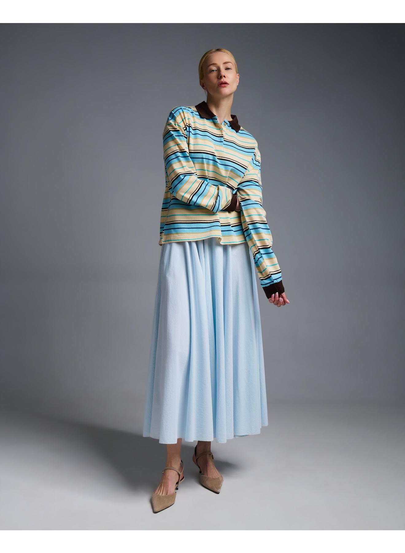 Ecru-Light Blue striped polo Blouse Two - 4