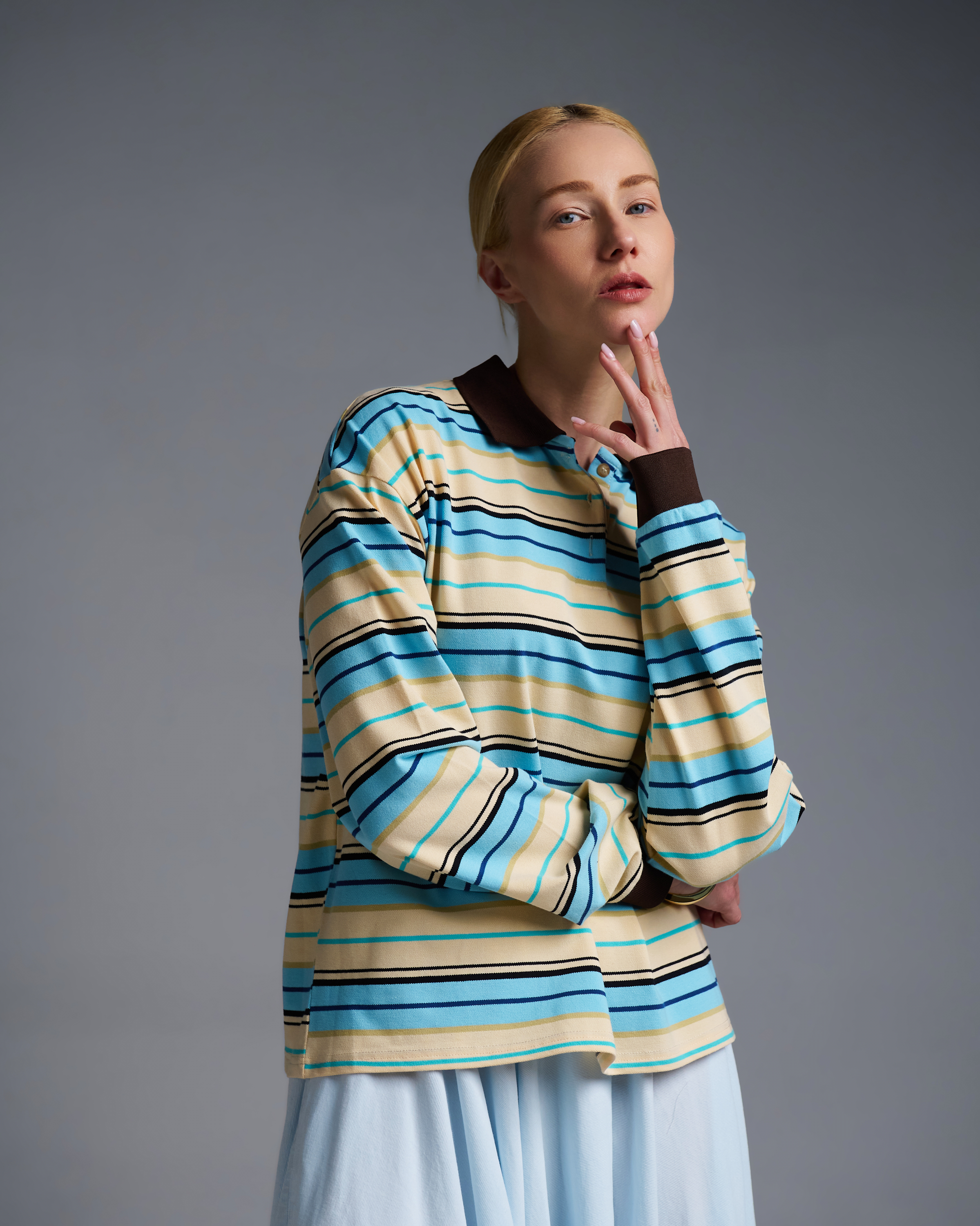 Ecru-Light Blue striped polo Blouse Two - 1