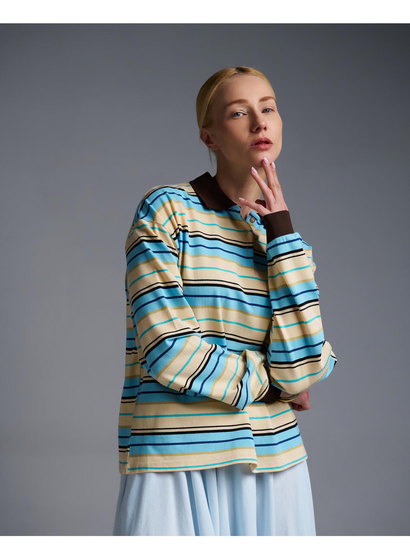 Ecru-Light Blue striped polo Blouse Two - 2