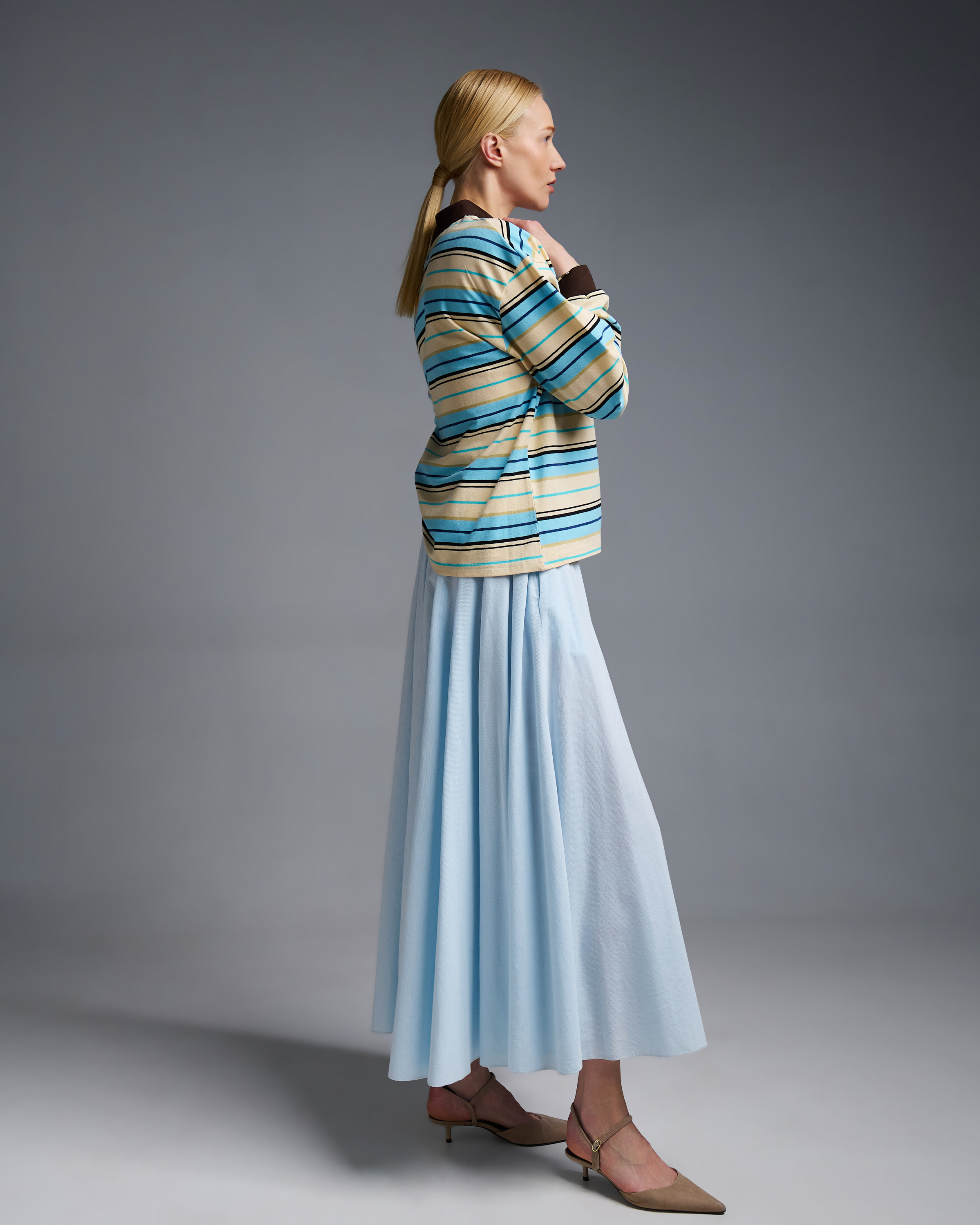 Ecru-Light Blue striped polo Blouse Two - 4