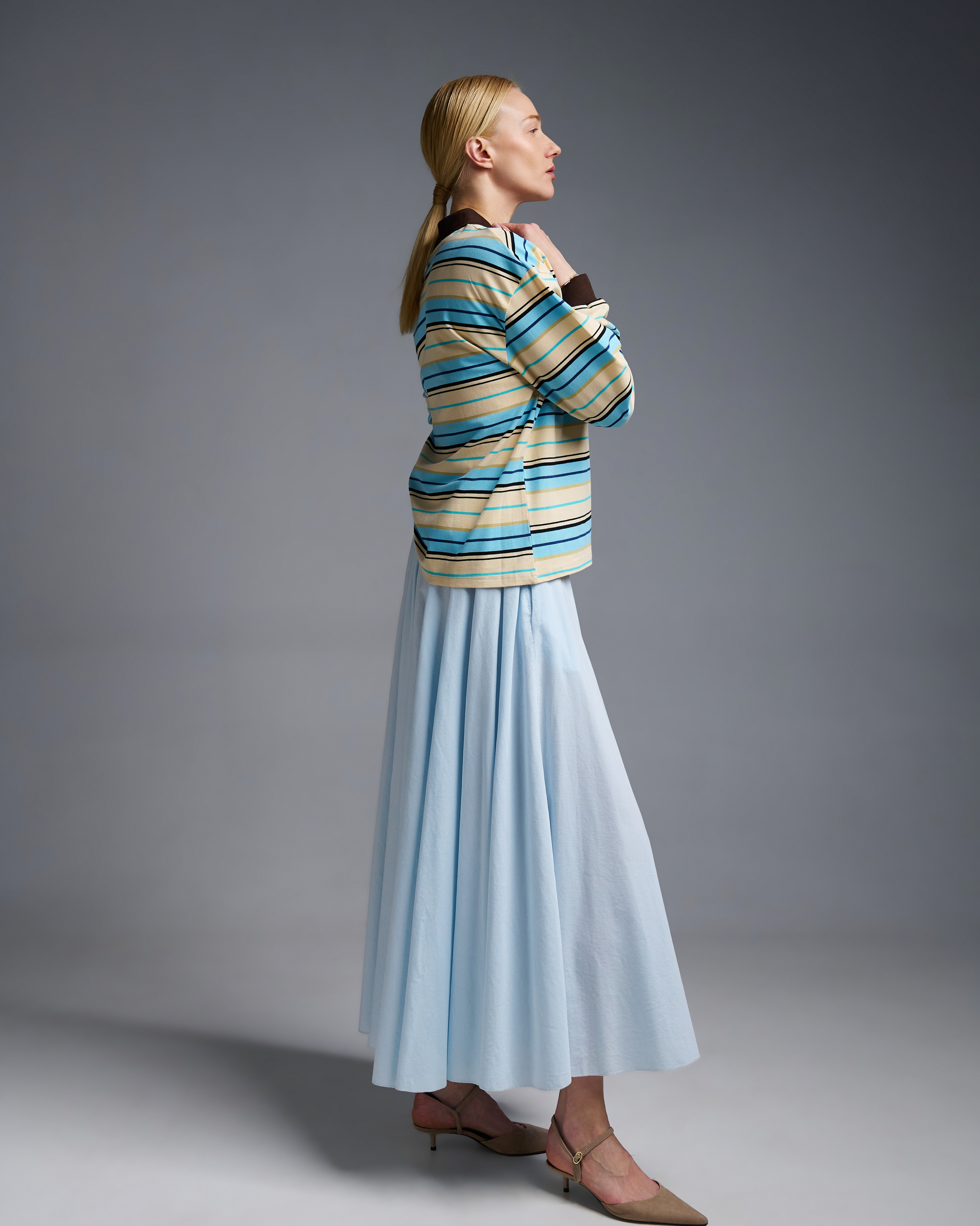 Light Blue cotton Skirt with pockets and with with elasticated waistband Valentina Milano - 3