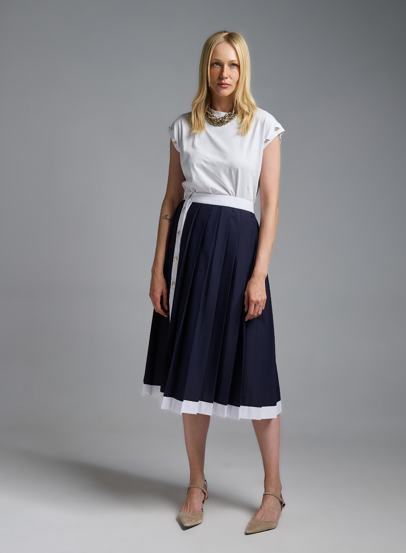 Navy Blue-White pleated Skirt with golden buttons Tensione In - 1
