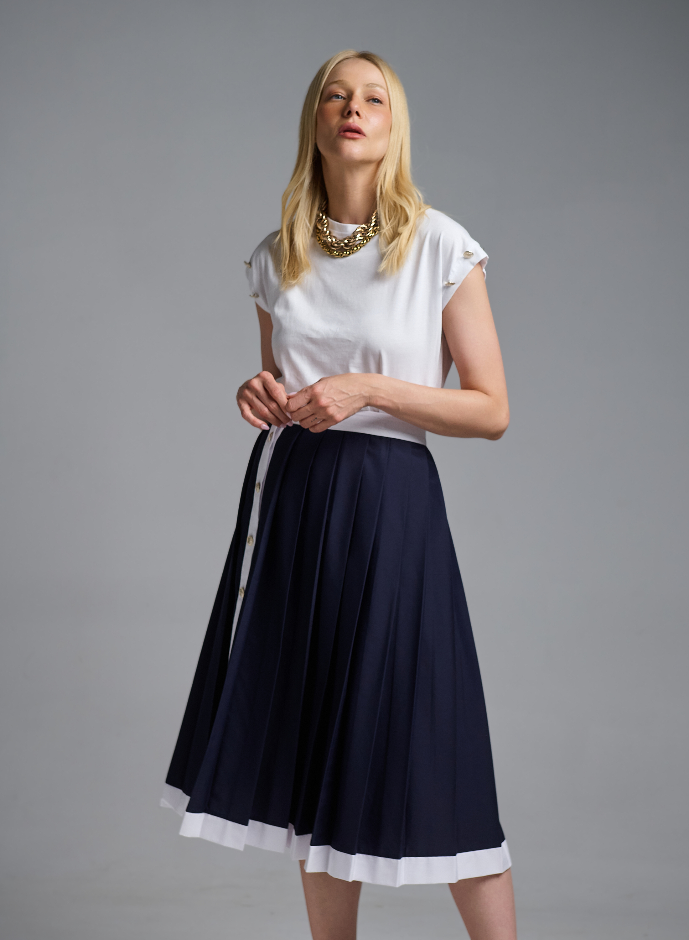 Navy Blue-White pleated Skirt with golden buttons Tensione In - 1