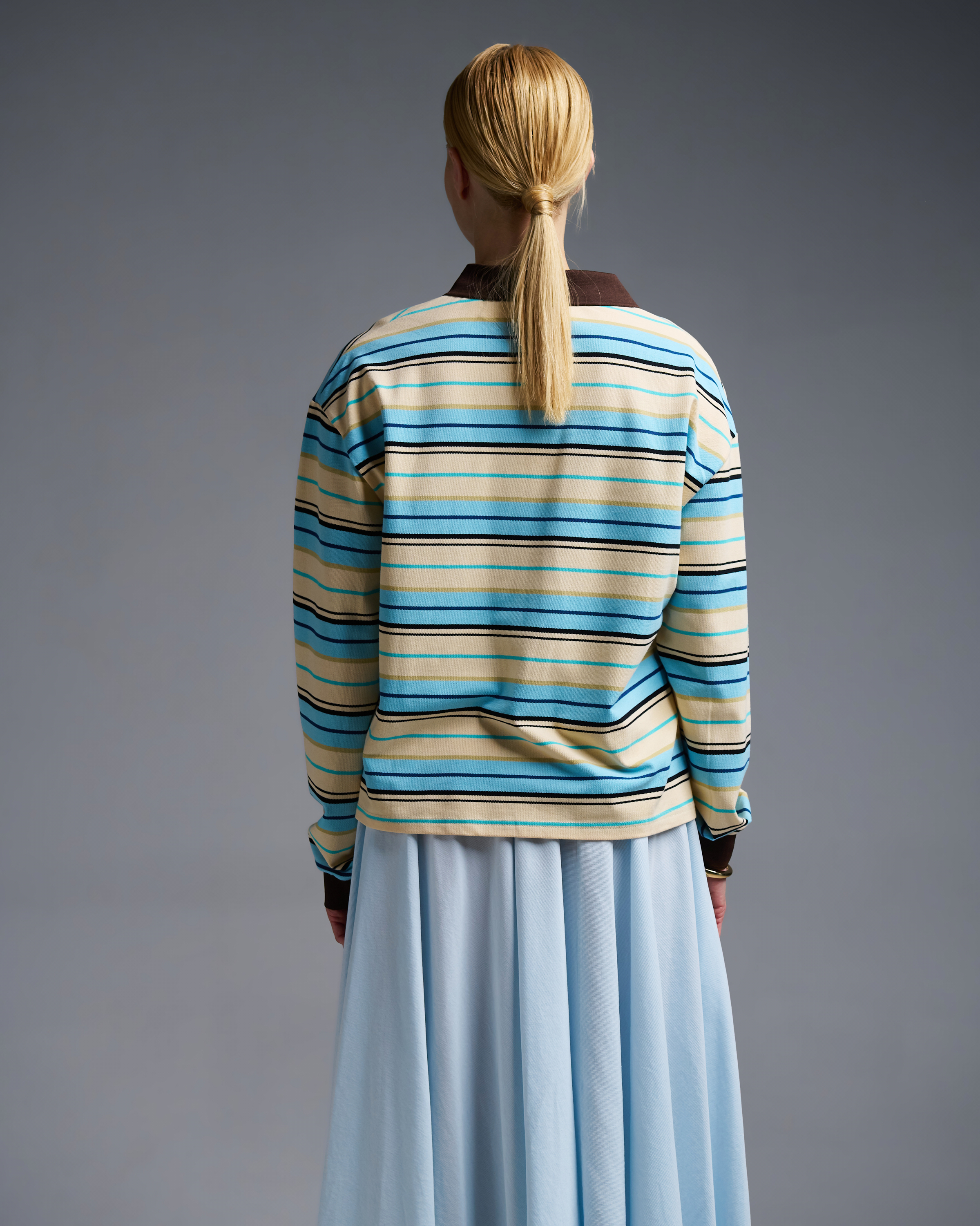 Ecru-Light Blue striped polo Blouse Two - 5